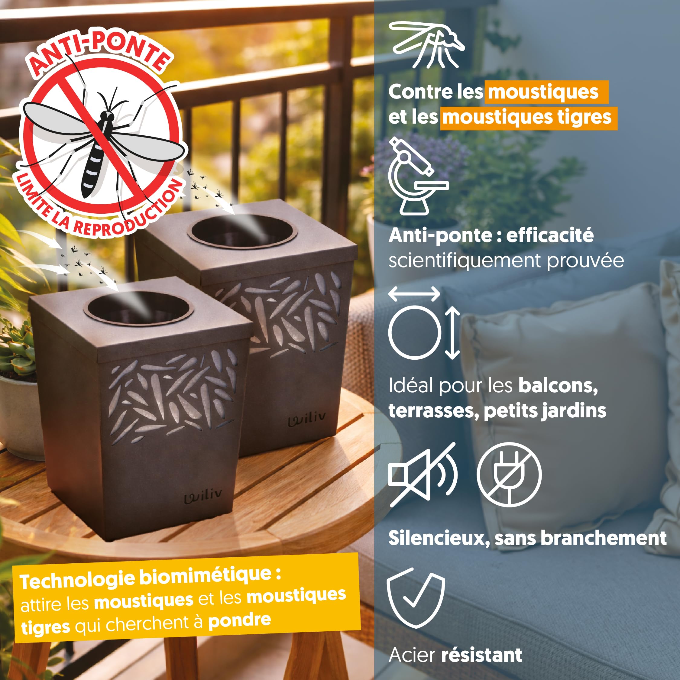 Wiliv x Home Defense Piège à Moustiques & Moustiques Tigres Anti-Ponte - Lot de 2 Pièges Extérieurs - Technologie par Biomimétisme - Idéal Balcon, Terrasse & Petits Espaces