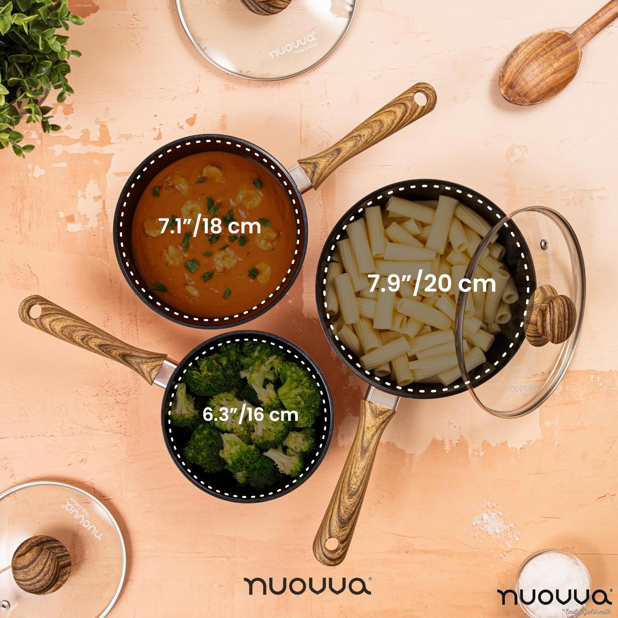 nuovva Antihaftbeschichtetes Kochtopf-Set – Induktionstopf mit Deckel – 3-teiliger Kupfer -Saucentopf – 16 cm, 18 cm, 20 cm Topf-Set