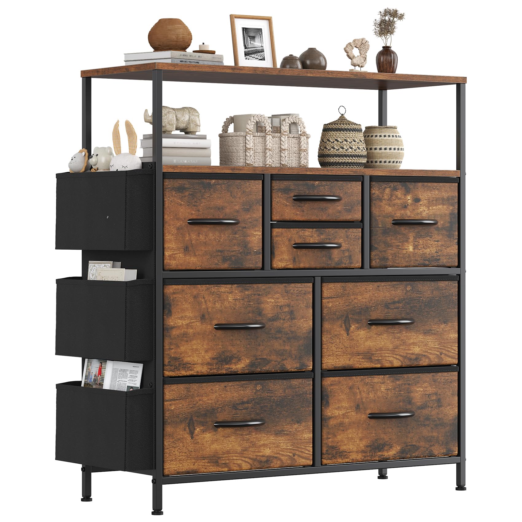 GoaHi Chest of Drawers, 8 Fabric Drawers Storage Unit with Open Storage Shelf, Fabric Bins and Metal Frame, Storage Drawers for Bedroom, Closet, Hallway, Living Room, Rustic Brown