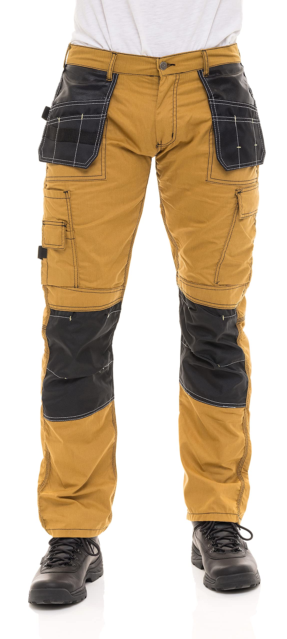 Fashio Mens Construction Pants Utility Tool Pockets Cordura Carpenter Knee Reinforced Work Wear Safety Trousers B2 Khaki W32-L30