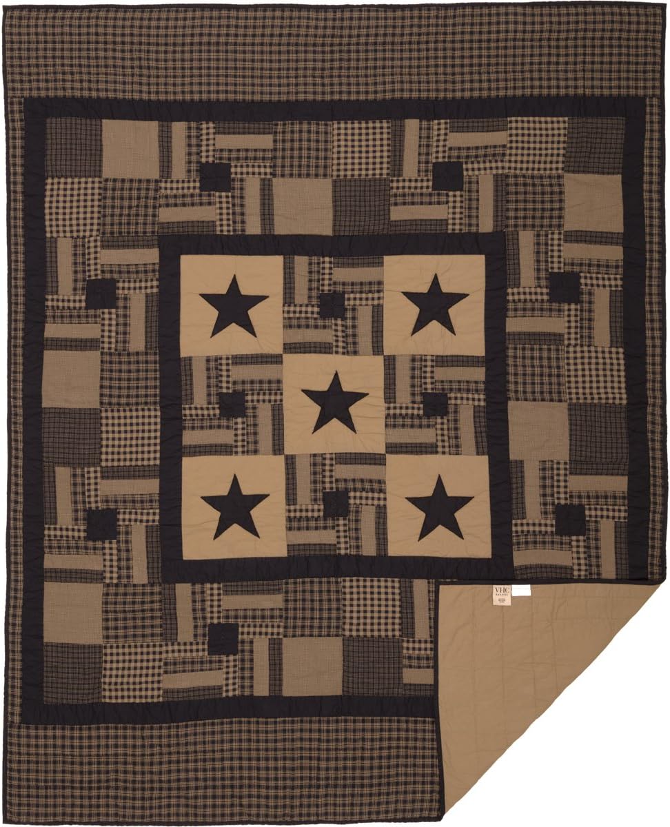 VHC Brands Black Check Star Twin Quilt 68Wx86L Country Rustic Primitive Design, Black and Tan