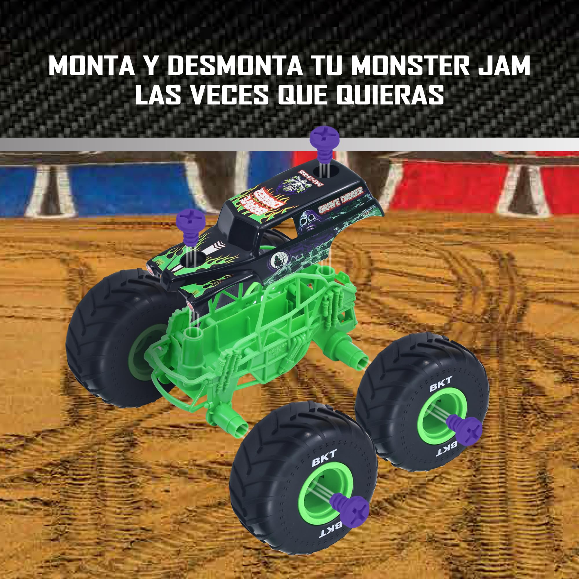 MonsterJam Mechanix - Vehículo a Escala 1:18 con Piezas Desmontables, Incluye Destornillador y 4 Ruedas, Modelo Grave Digger, 3 Modelos Disponibles para Coleccionar, Famosa (MNJ02100)