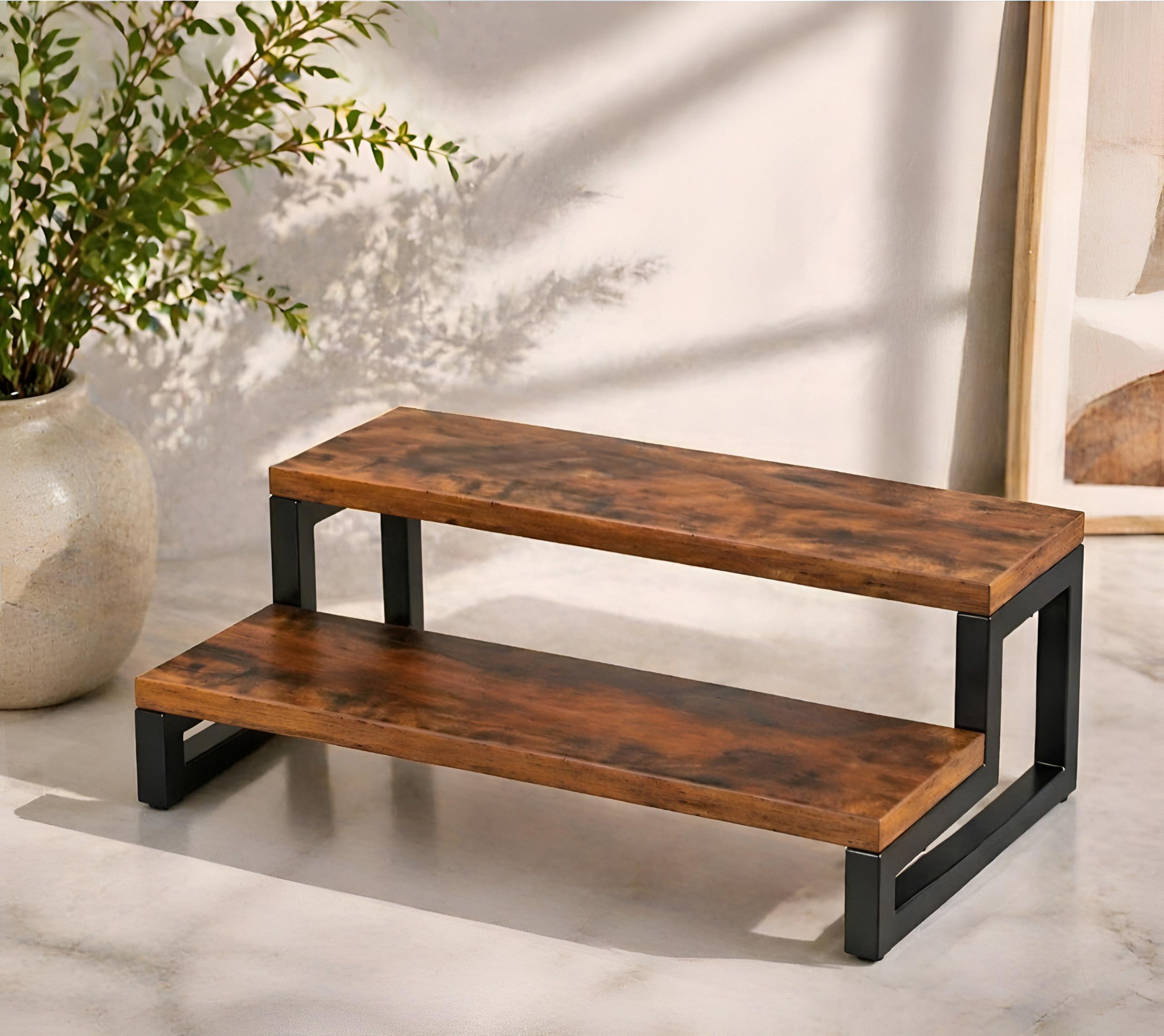 OXMIC Wood Display Riser Stand, Wooden Display Riser Shelf, Kitchen Counter Shelf Spice Rack Organizer, Tiered Countertop Display Shelf for Perfume, Makeup, Condiment(Brown Color) (2-Tier)