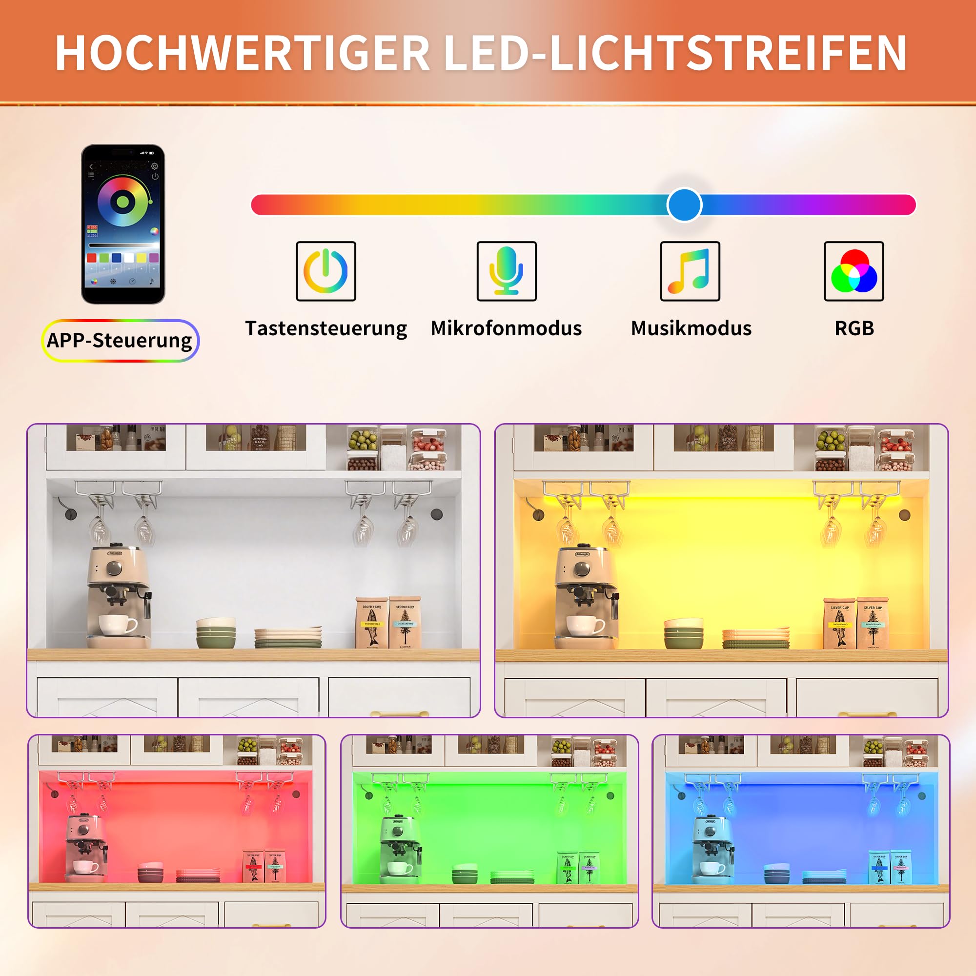 Armadio da cucina con piano di lavoro e illuminazione a LED, armadietto da cucina con scaffale per snack e porta bevande, buffet da cucina con 2 cassetti, 120 x 40 x 188 cm (bianco - A)