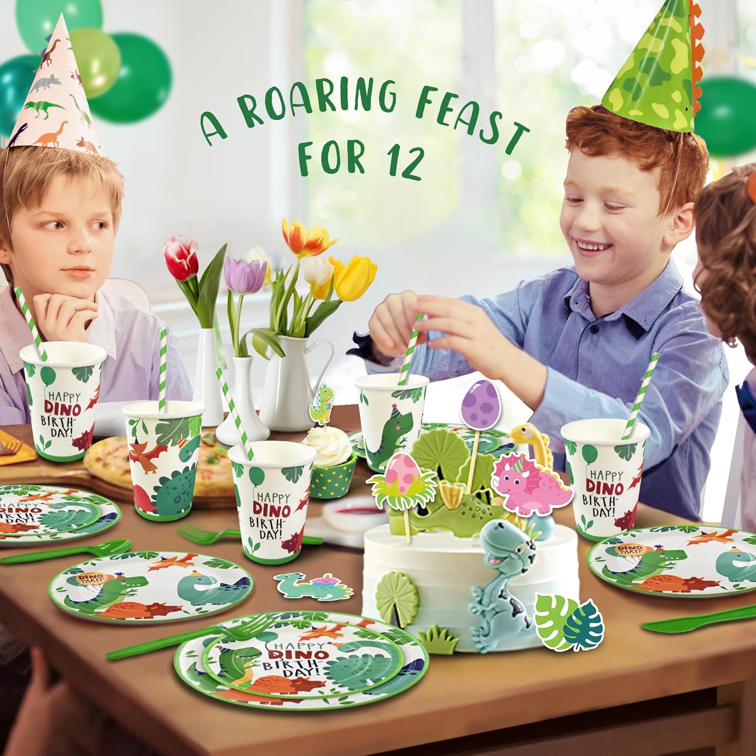 Party Spot! 172 Pcs Dinosaur Birthday Decorations, 12 Tableware Sets, Balloons, Fringe Curtains, Stickers, 12 Paper Plates, Paper Cups, Balloon Pump, Dinosaur Party Decorations