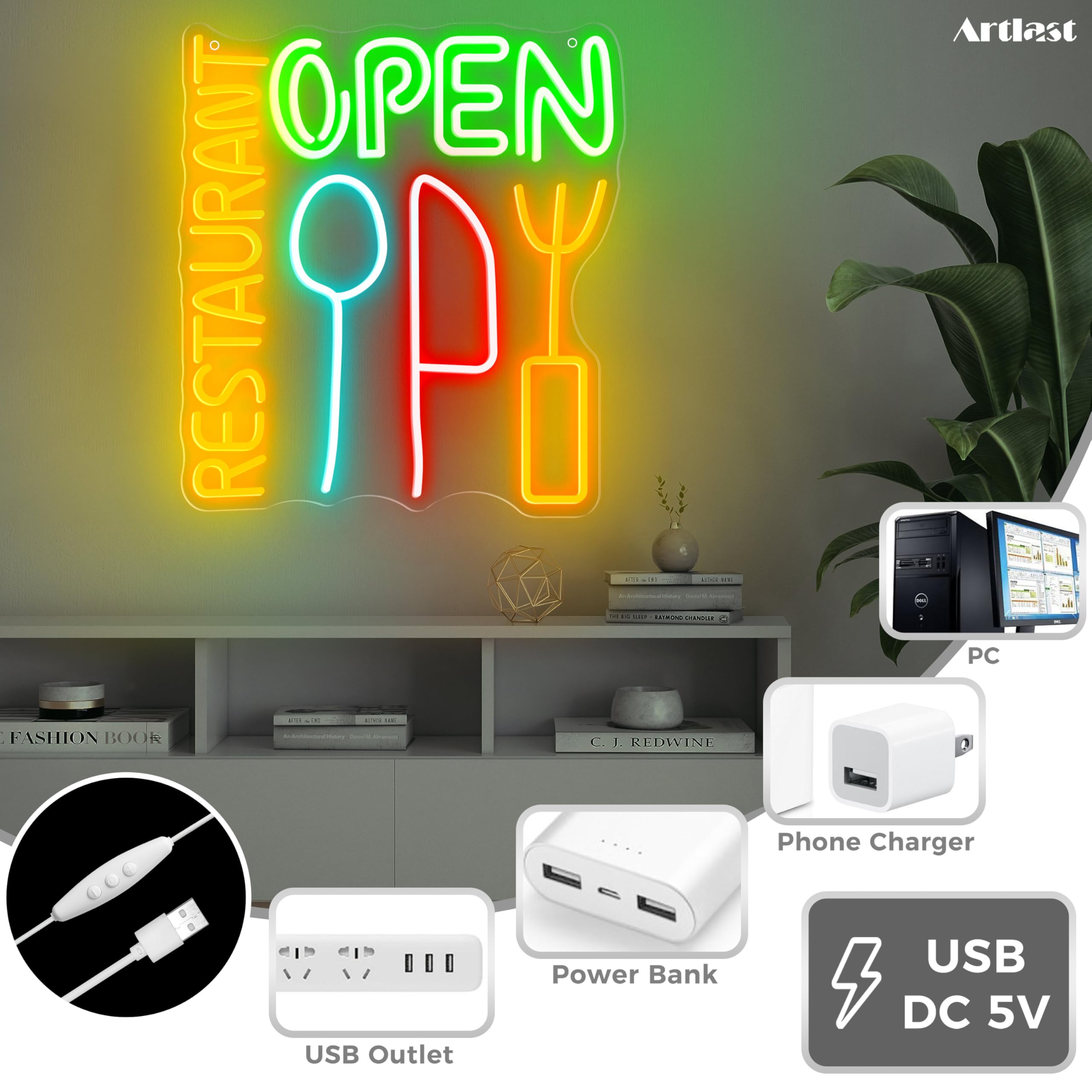Insegna al neon multicolore con scritta "Restaurant Open", con utensili, alimentata tramite USB, per affari, sala da pranzo, bar, cucina
