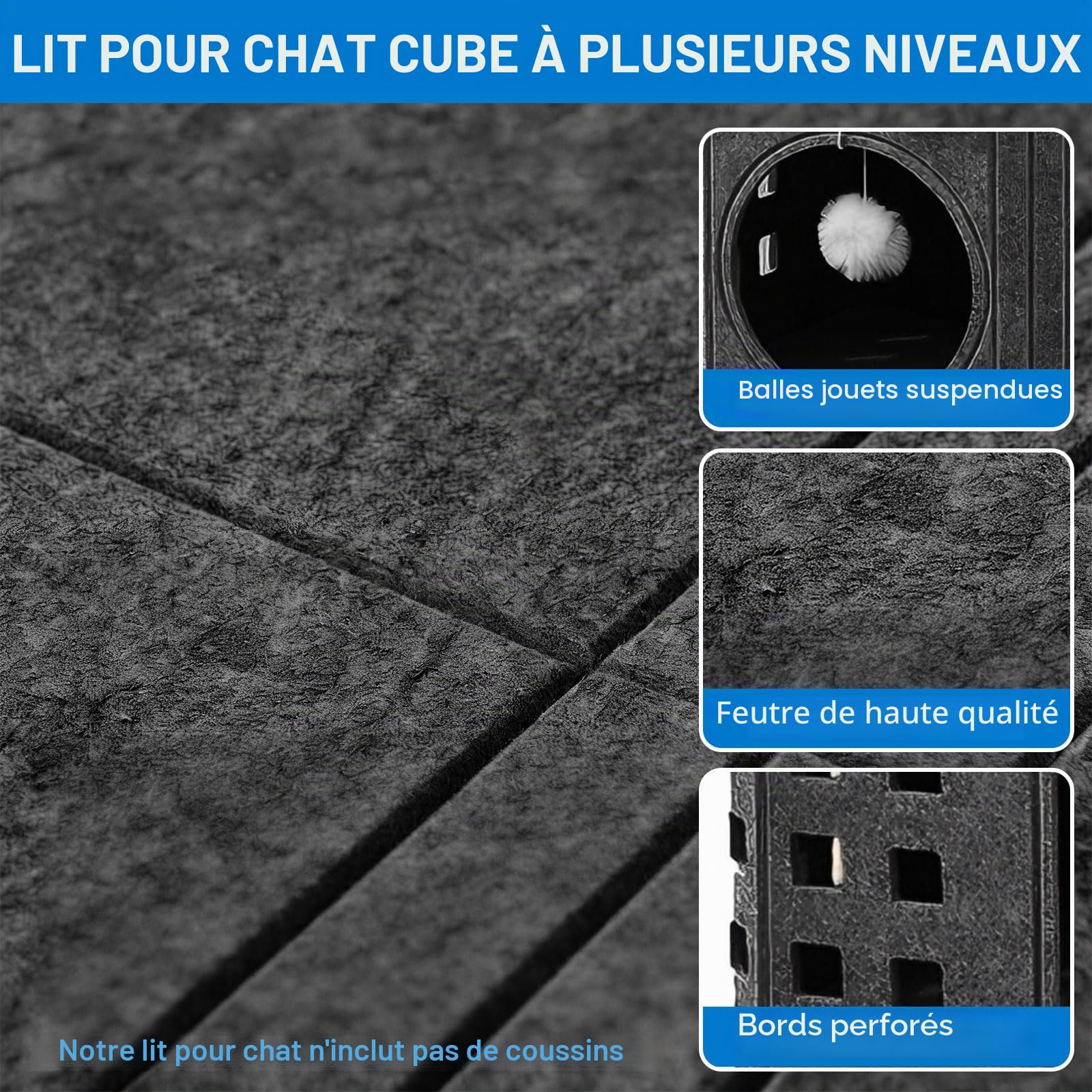 Niche pour chat en feutre, grand lit pour chat avec griffoir et balle de jeu, grotte pour l'intérieur des petits chats, protection des ongles de chat, cube d'intérieur pour chat, design chaud, gris