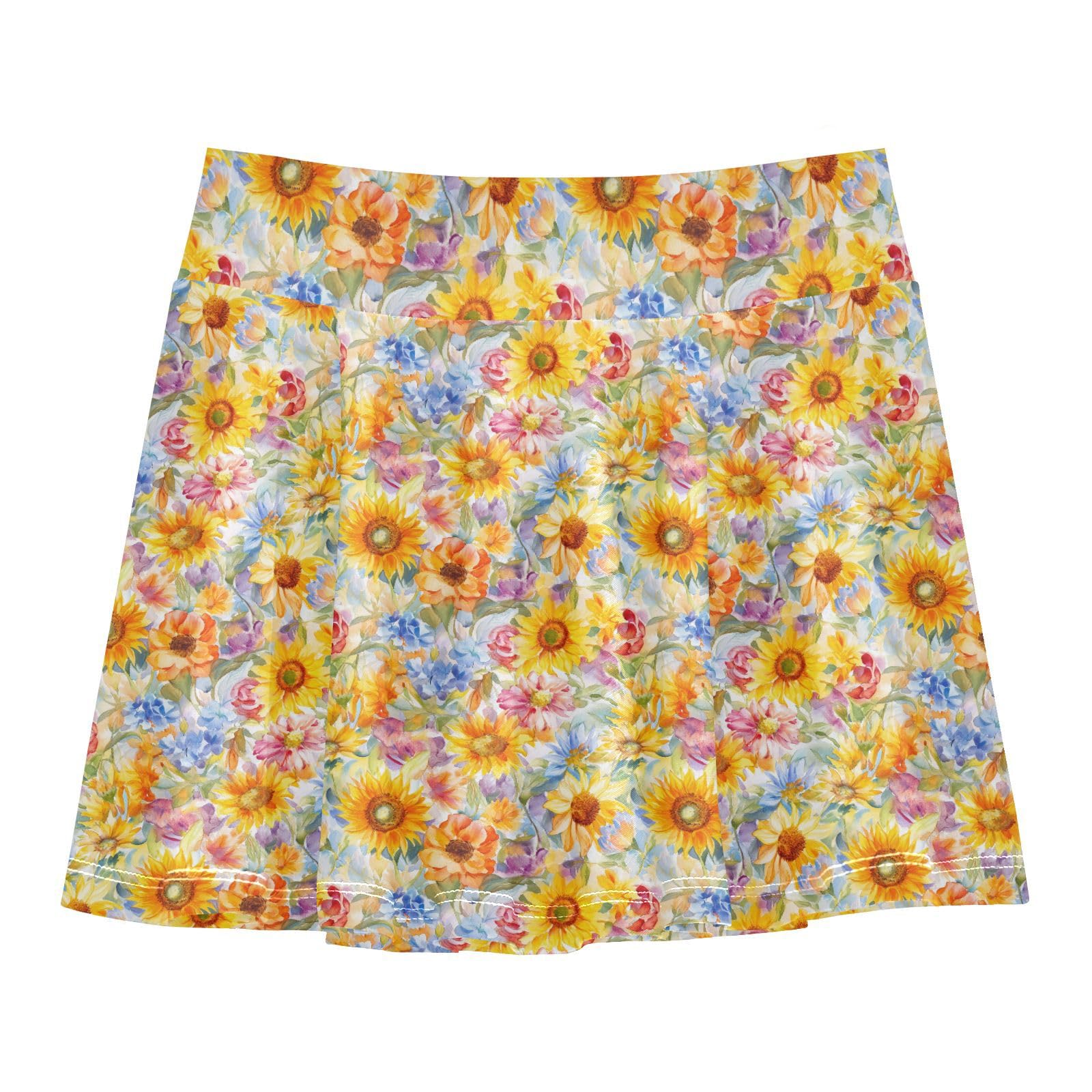 Colorful Sunflower Flowy Little Girls Tennis Skirt with Built-in Shorts Pleated Skirt for Kids with Pockets Little Girl Skorts