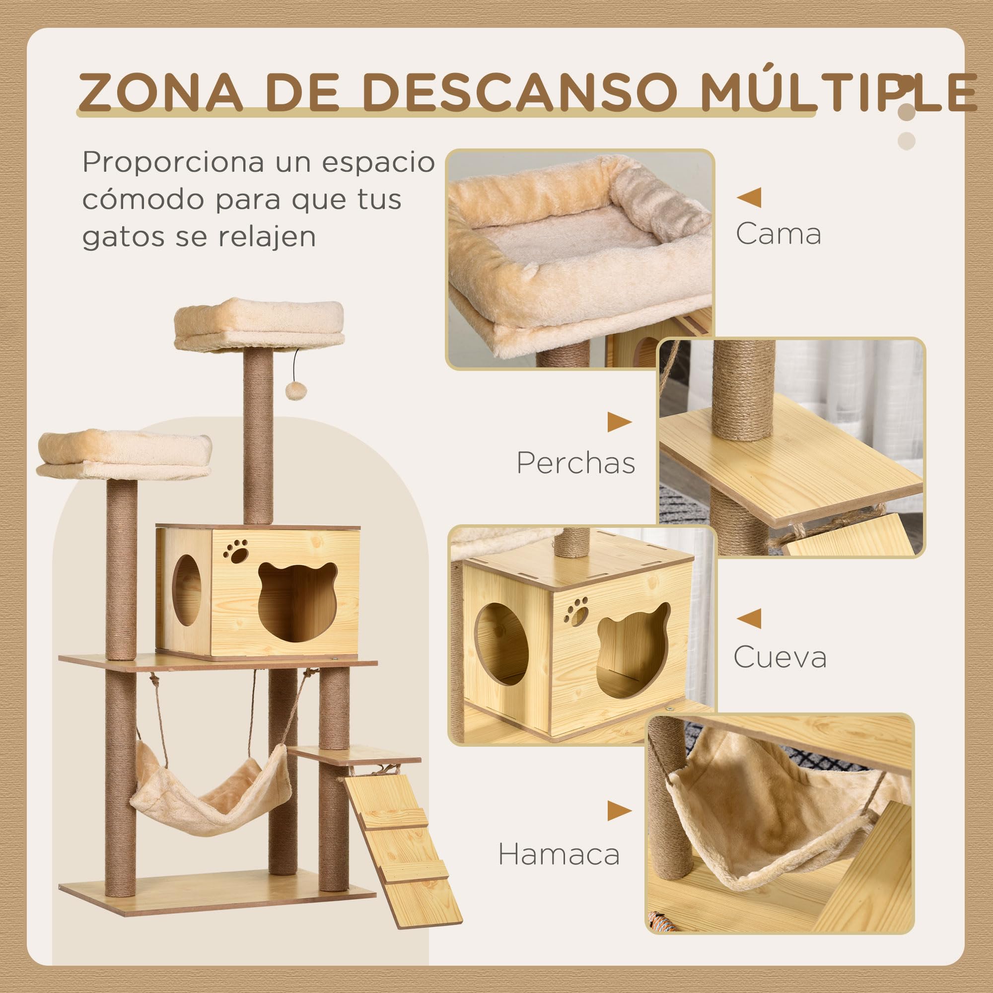PawHut Árbol Rascador para Gatos Altura 130 cm 60x40x130 cm Amarillo | Torre para Gatos, Postes Rascadores de Yute, 2 Camas, Hamaca, Cueva, Bola Colgante, Rampa