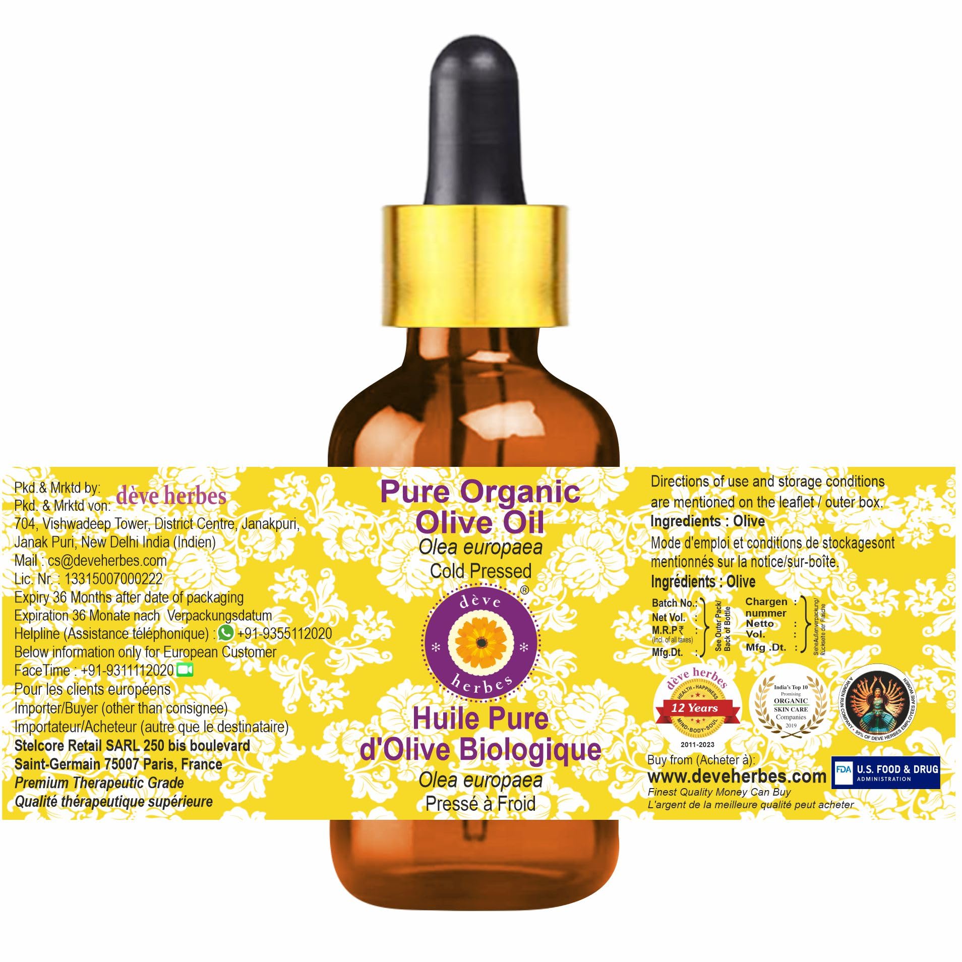 Deve Herbes Olio di oliva organico puro (Olea europaea) con contagocce in vetro, qualità terapeutica naturale, spremuto a freddo, 100 ml x 3 (10 oz)