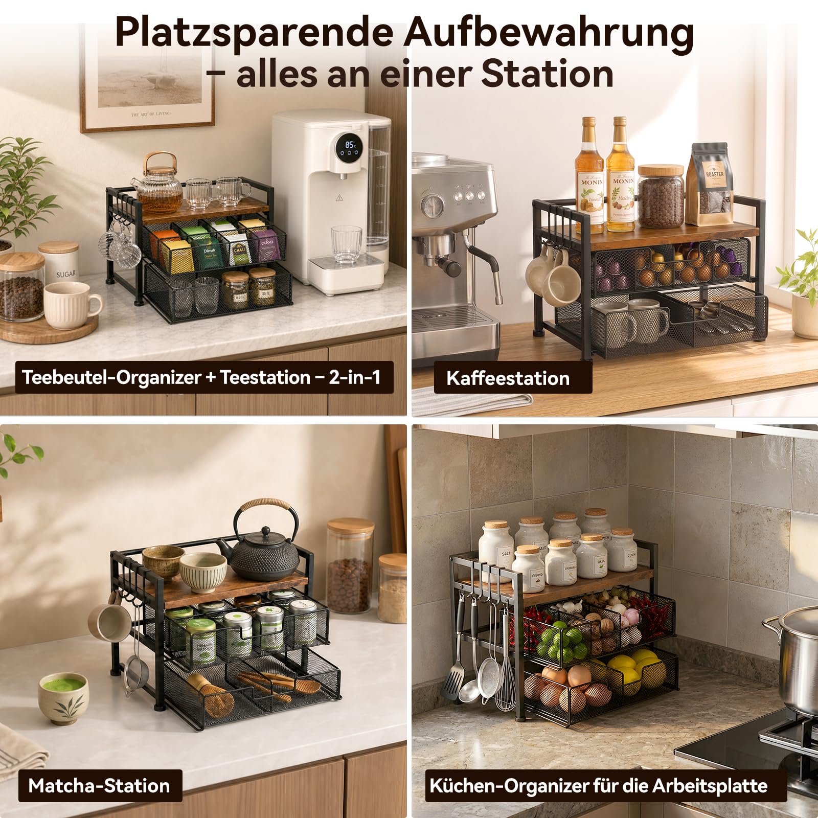 Beslands Teebeutel Aufbewahrung mit 2 Schubladen & 4 abnehmbaren Haken, Tee Organizer mit 8 kleinen + 2 großen Fächern, vielseitige Tee Aufbewahrung für Arbeitsplatte, Kaffeebar & Schreibtisch