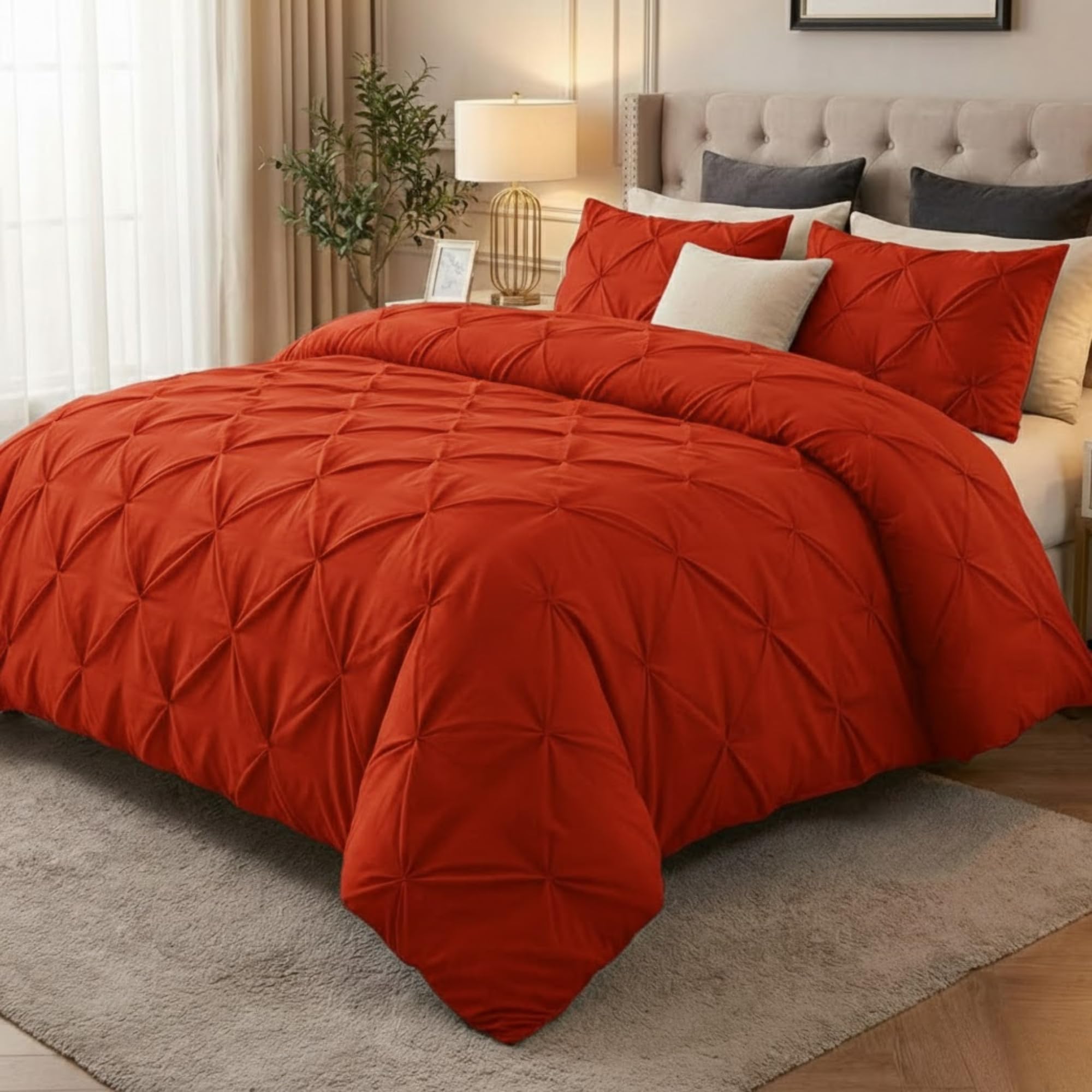 Z&A Homz Z&A Bedding Red Pintuck Duvet Covers Double - Soft Brushed Microfiber Quilt Cover With Pillow Cases - Breathable & Washable Comforter - Easy Care Set