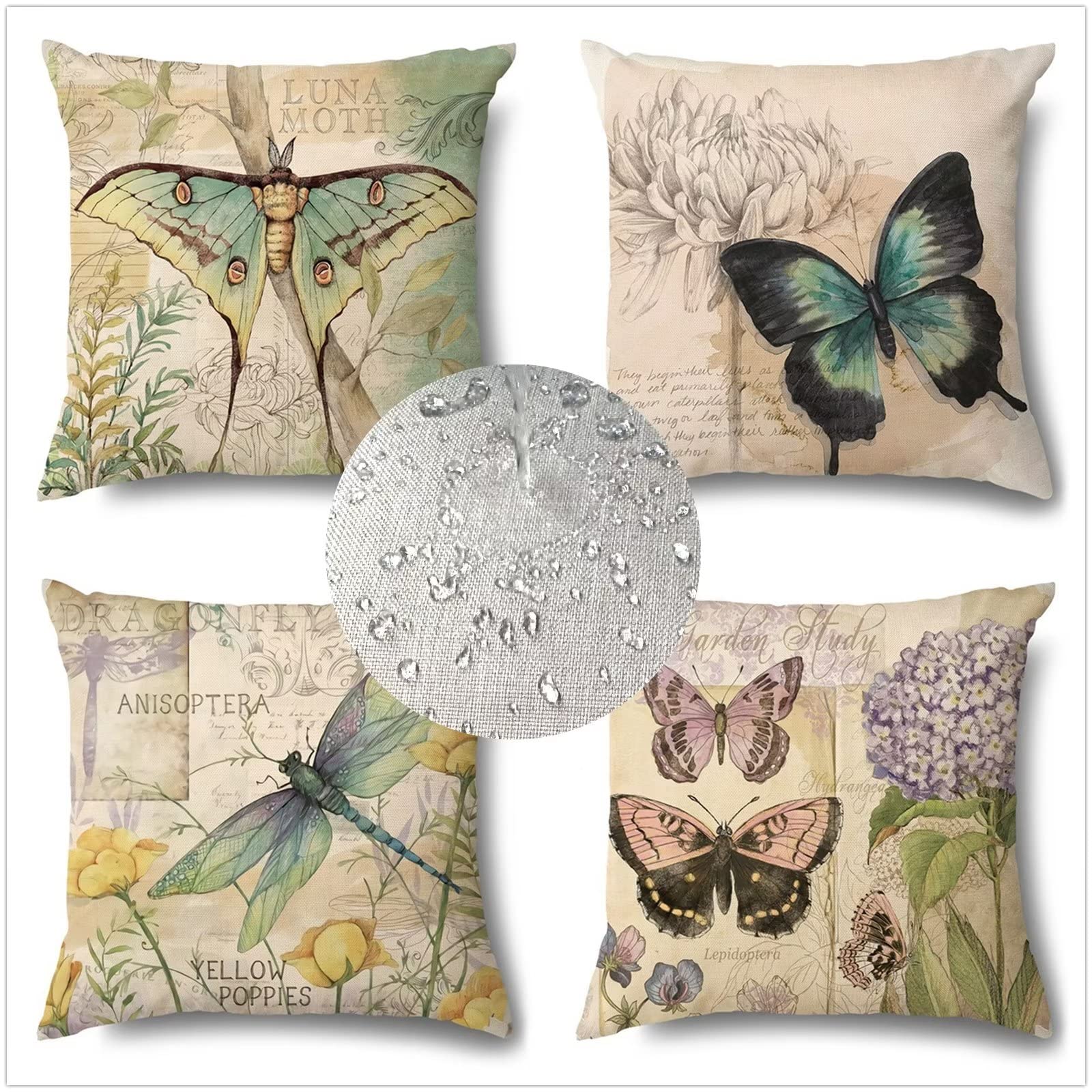 Retrò Federe Cuscini Divano 40 x 40 impermeabile, 4 pezzi 75x75cm Farfalla Cuscino Decorativo per Esterni Cuscini Divano con Zip invisibile, per Cuscini per Divano Giardino Esterni Decor Regali Z-4323