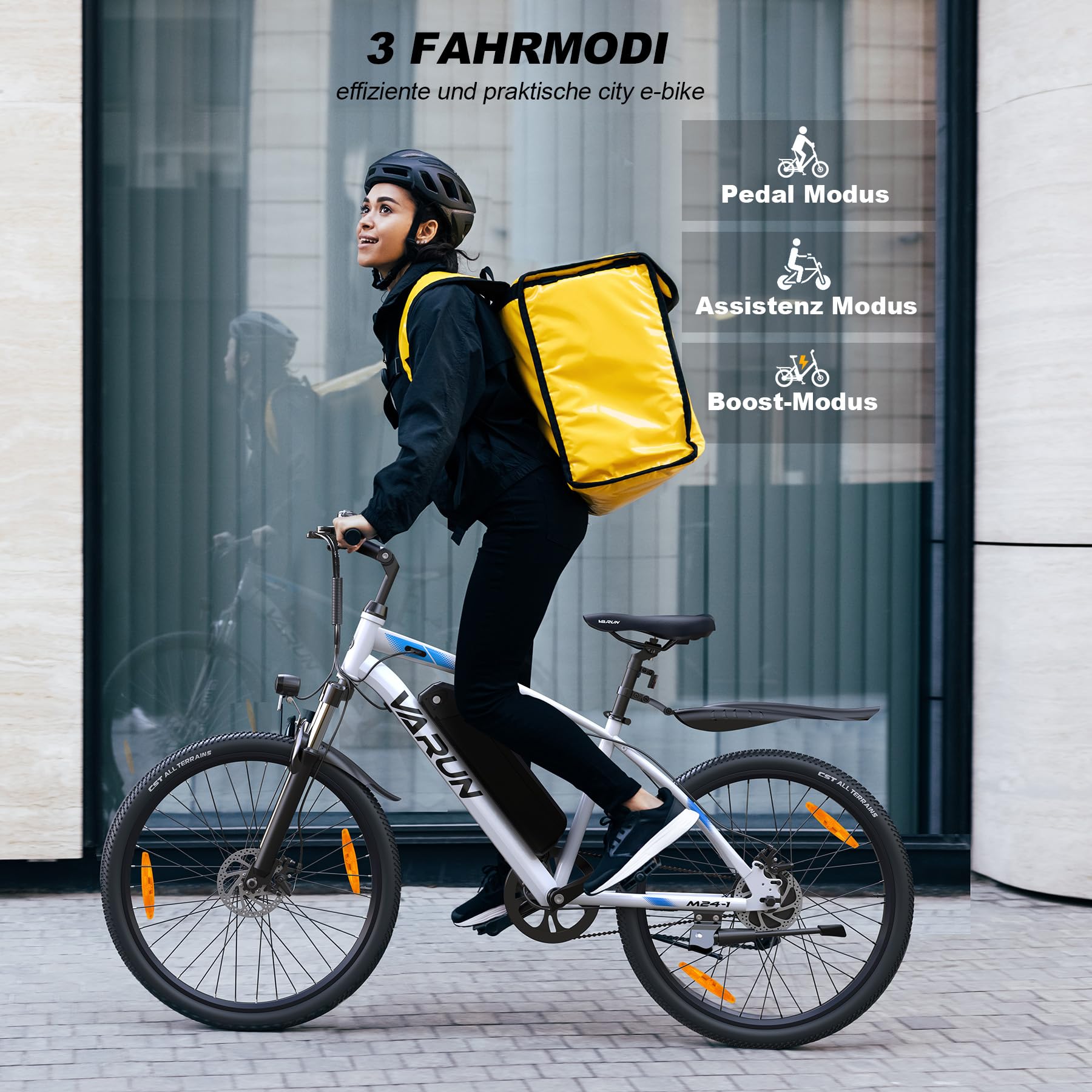 VARUN E Bike, 24 Zoll E-Bike Herren Damen mit 36 V Akku, 250 W Motor, 25 KM/H, Ebike Mountainbike mit Aluminium Rahmen, 4 Modi, Elektrofahrrad für Erwachsene/Jugendliche, Reichweite Max 50 KM