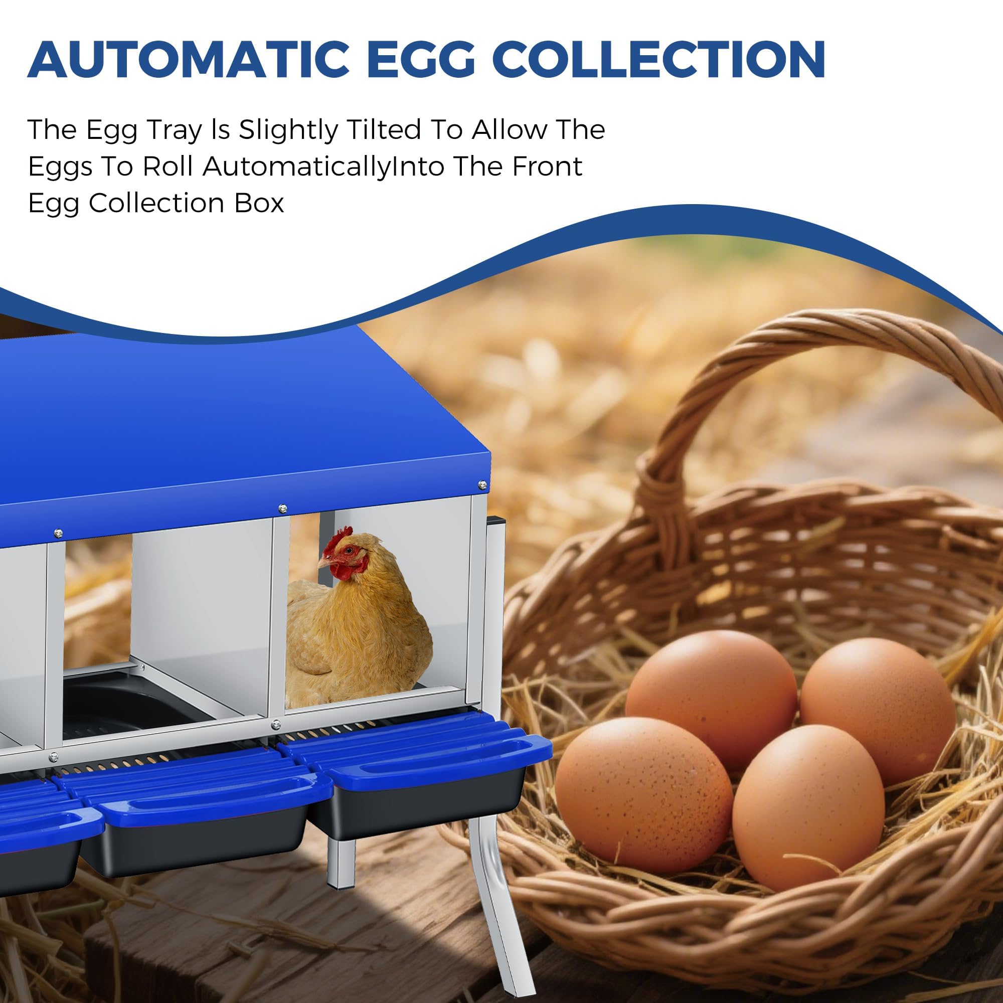 Garvee Nido per Galline Ovaiole in Metallo Zincato, 3 Scomparti con Supporto Indipendente e Vassoio Estraibile, Design Roll-away per Raccolta Uova Pulite, Facile da Pulire, 78x51x51 cm, Blu