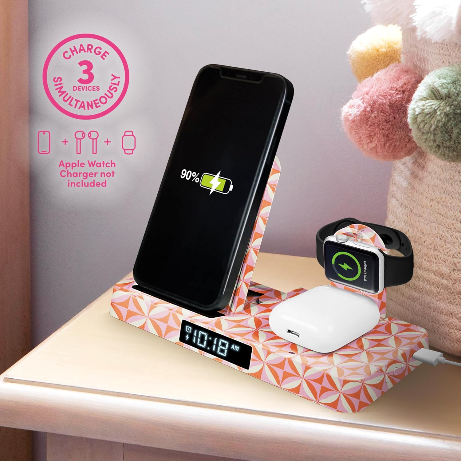 4-in-1 Power Station with Wireless Charging, Digital Alarm Clock, 5 Viewing Angles, Qi Certified Phone & Apple Watch