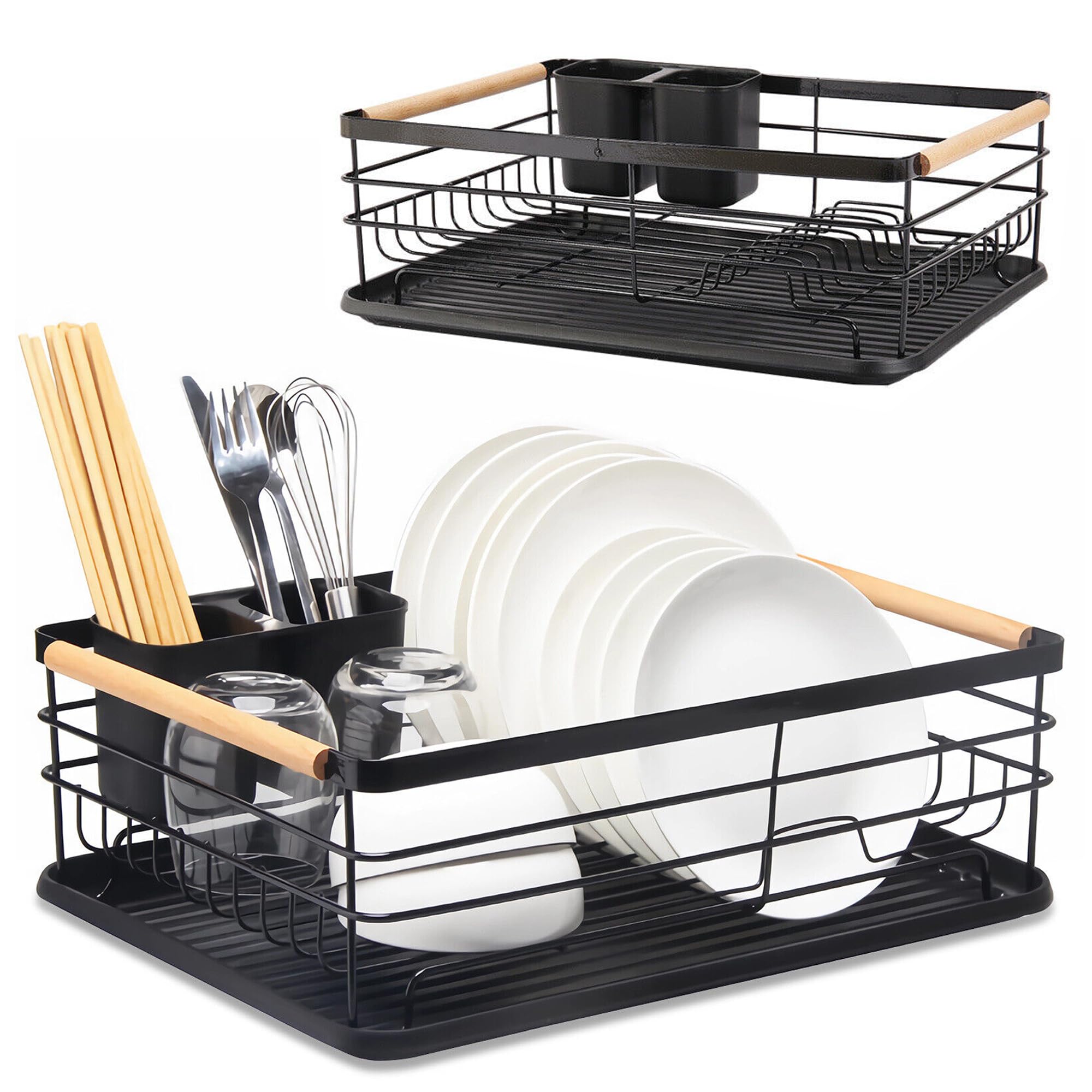 Kitchen Dish Drying Rack Drip Tray Wooden Handles Organiser Drainer Board