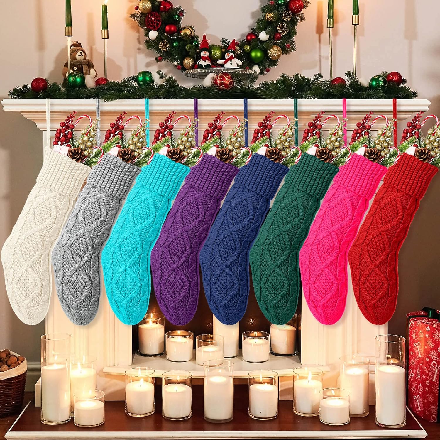 eboot 18 inch knitted christmas stockings bulk large cable knit christmas stockings farmhouse xmas decorations hanging wall fireplace party supplies(8 pcs,white/green/red/blue/gray/purple/pink/blue) 8 white/green/red/blue/gray/purple/pink/blue