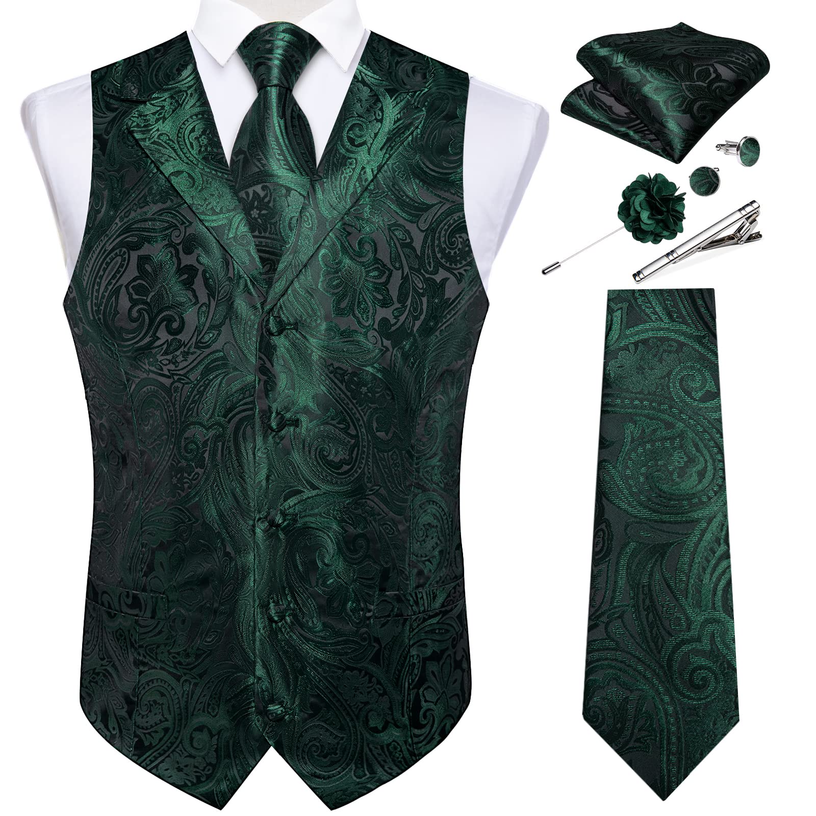 DiBanGu Mens Vest Tie Set 7PCS Silk Paisley Suit Waistcoat and Necktie Hankerchief Cufflinks Lapel Pin Set for Wedding Party