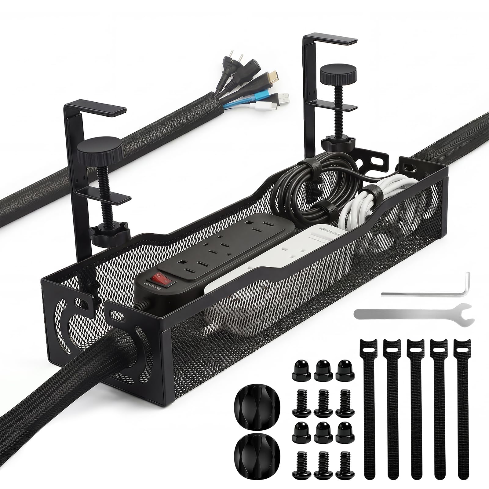 40CM Under Desk Cable Management with 10ft Cable Sleeve No Drill, WEWINK PLUS 15.7 Inch Metal Mesh Cord Organiser Tidy Tray with Clamp Mount, Wire Cable Ties for Home Office, Standing Desk, Black