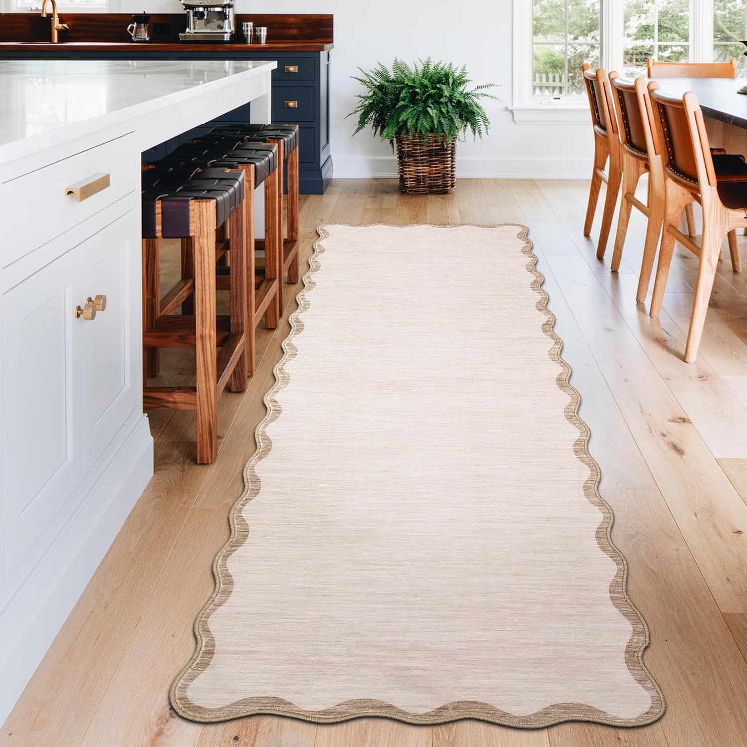 GarveeHome Scalloped Washable Runner Rug 2x6 Non Slip Kitchen Rugs Modern Beige Indoor Entryway Rug Farmhouse Soft Bath Mat Stain Resistant Carpet for Bedroom Hallway Laundry 2 ft x6 ft Beige - Image 2