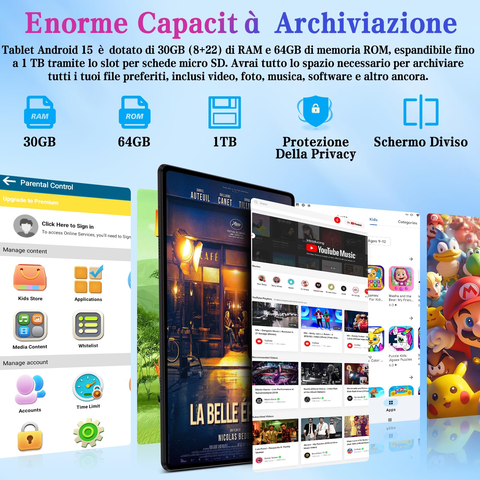 ZIOVO Tablet Bambini 10 Pollici Tablets Android 15, 30GB RAM+64GB ROM(TF 2TB), 5G WiFi Tablets,Gemini AI/Octa-Core/Widevine L1/Face ID/Parentale Controllo/6000 mAh/BT 5.0, Tablet con Eva Caso-Verde