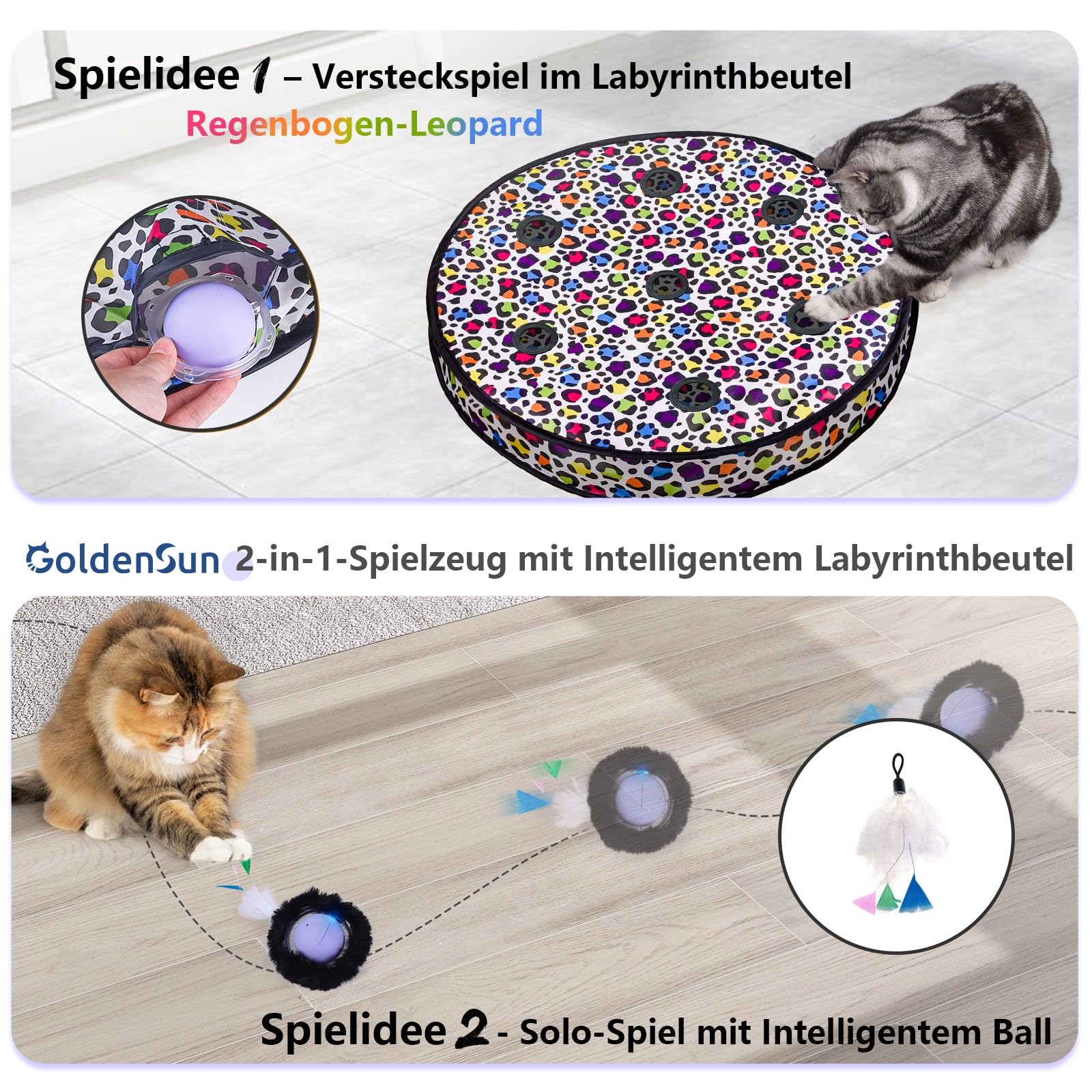 GoldenSun Katzenspielzeug, Katzenspielzeug Selbstbeschäftigung, Automatischer Schnellrollball im Beutel mit 7-Loch-Matte - Interaktives Spielzeug für Versteck- und Fangspiele