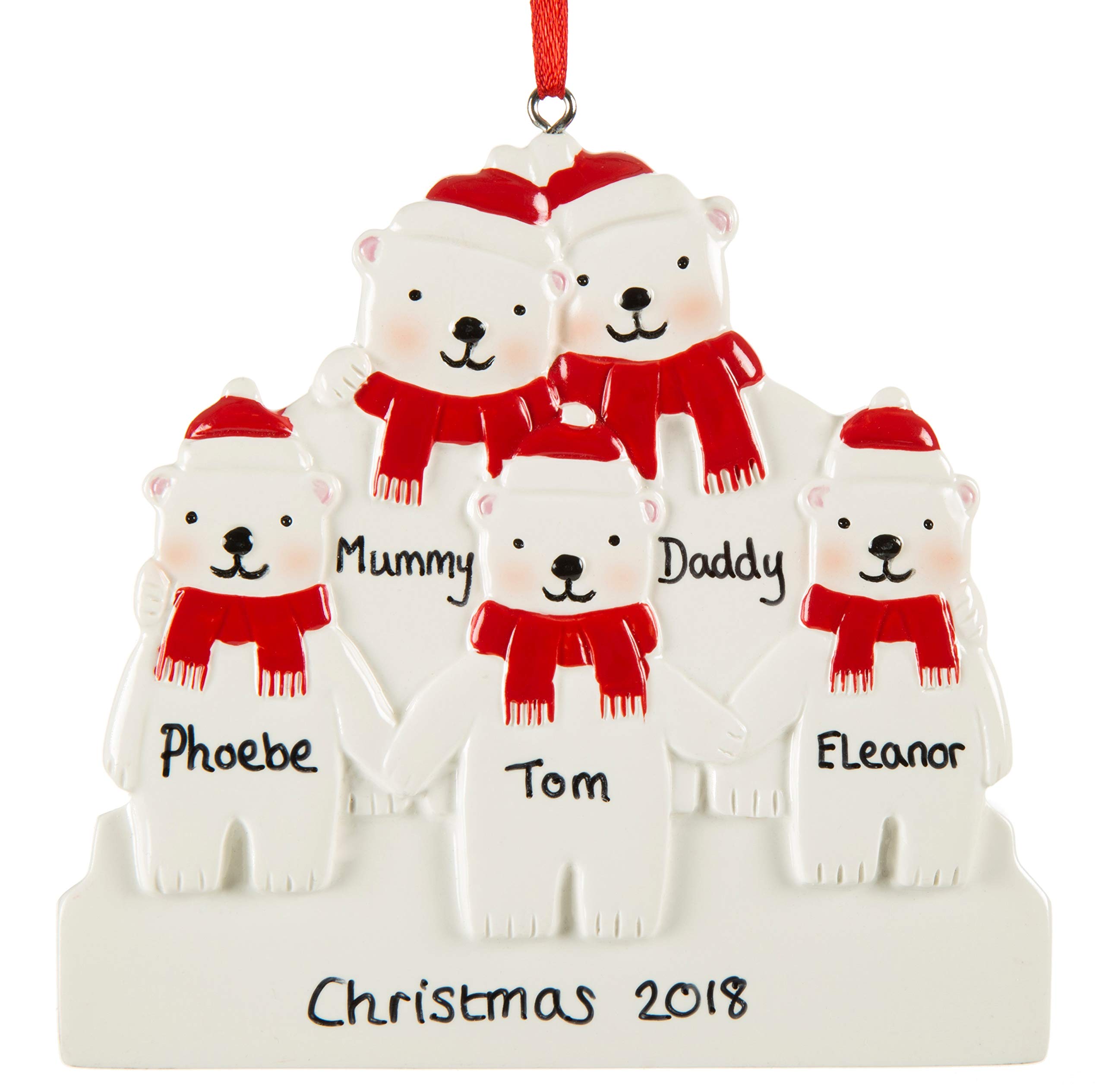Personalised Polar Bear Christmas Decoration For Family of Five - Family Bauble - Xmas Ornament - Any name