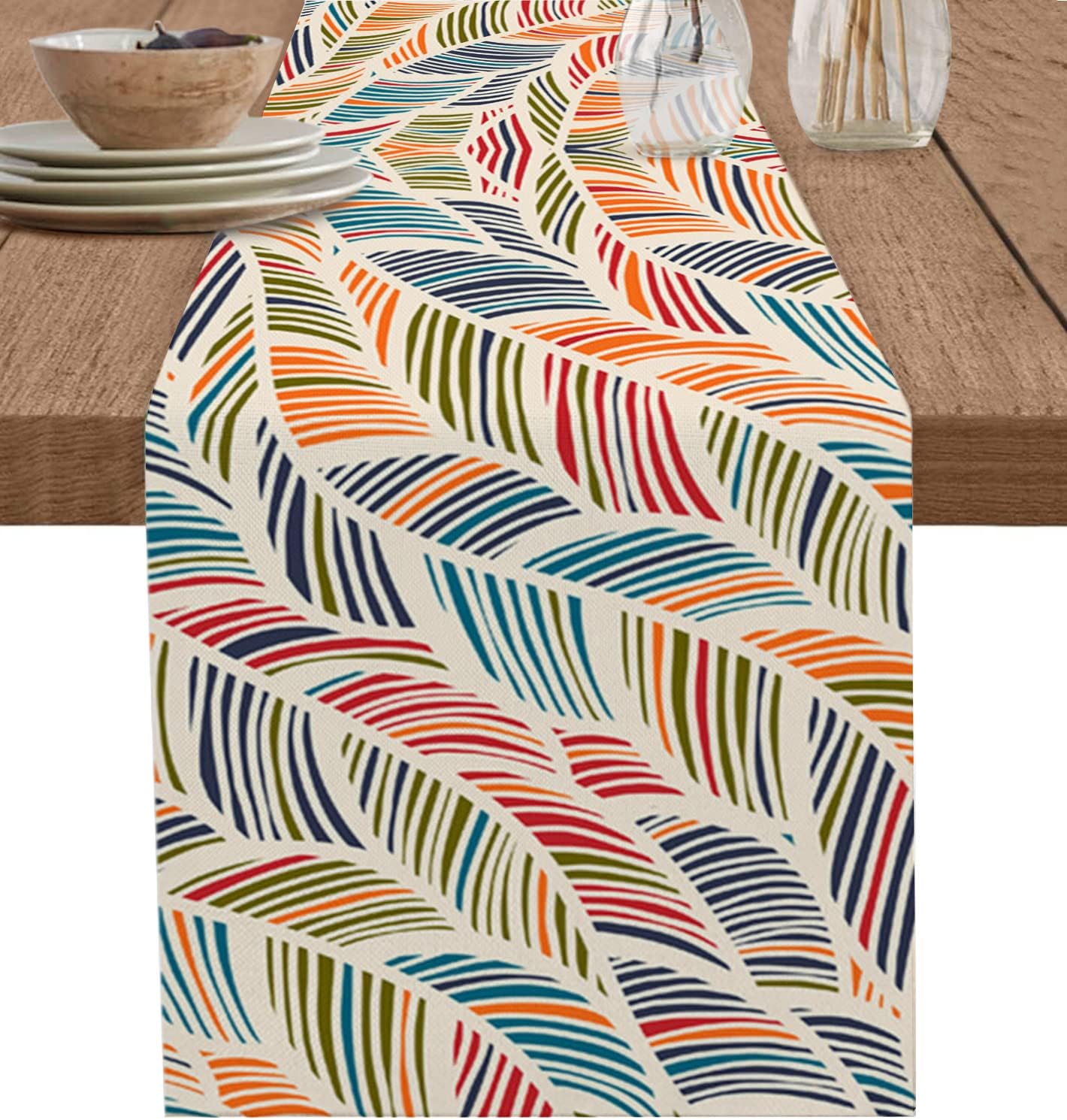 Table Runner Orange Navy Sage Green Stripe Leaf Cotton