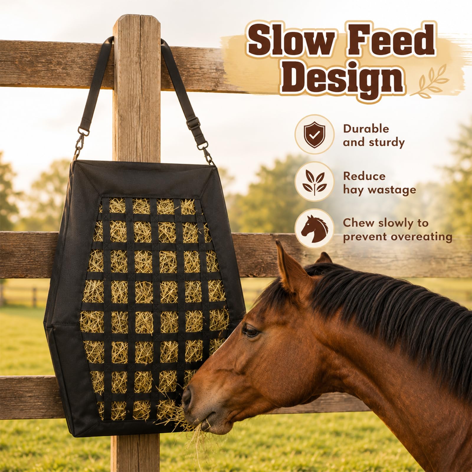 Heusack für Pferde mit 6cm Löchern, Heutasche Futterbeutel Haybag Slow Feeder, Heunetz für Pferde aus robust & wetterfest Oxford, Heuraufe Pferd mit Bodenriemen und Metallhaken, bis 10 kg Heu