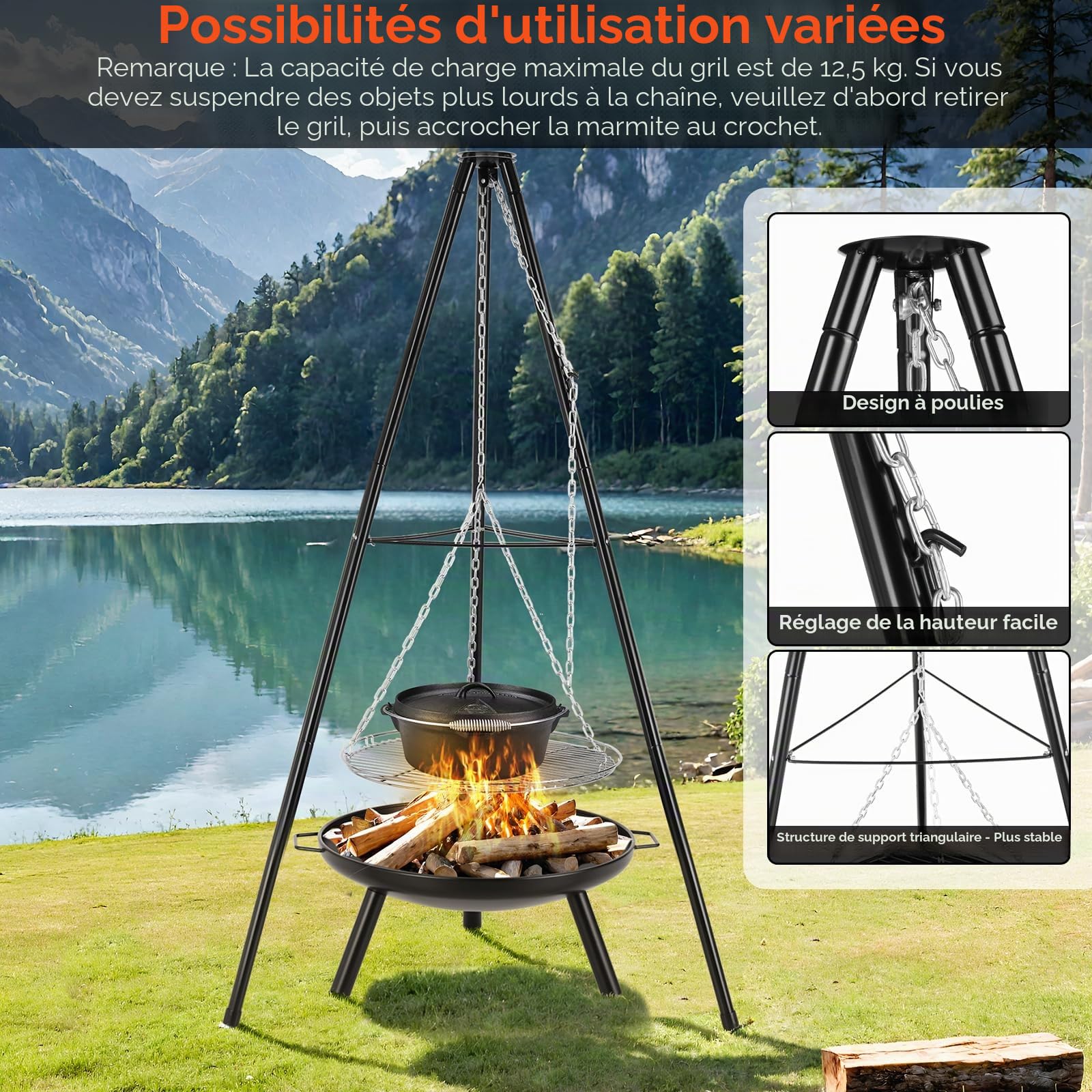 TLSUNNY Barbecue Pivotant avec Brasero, Barbecue Trépied avec Chaîne, Barbecue Charbon de Bois, Réglable en Hauteur de 200 cm, Ø68 cm Brasero avec Poignée, Foyer Extérieur pour Griller et Chauffer