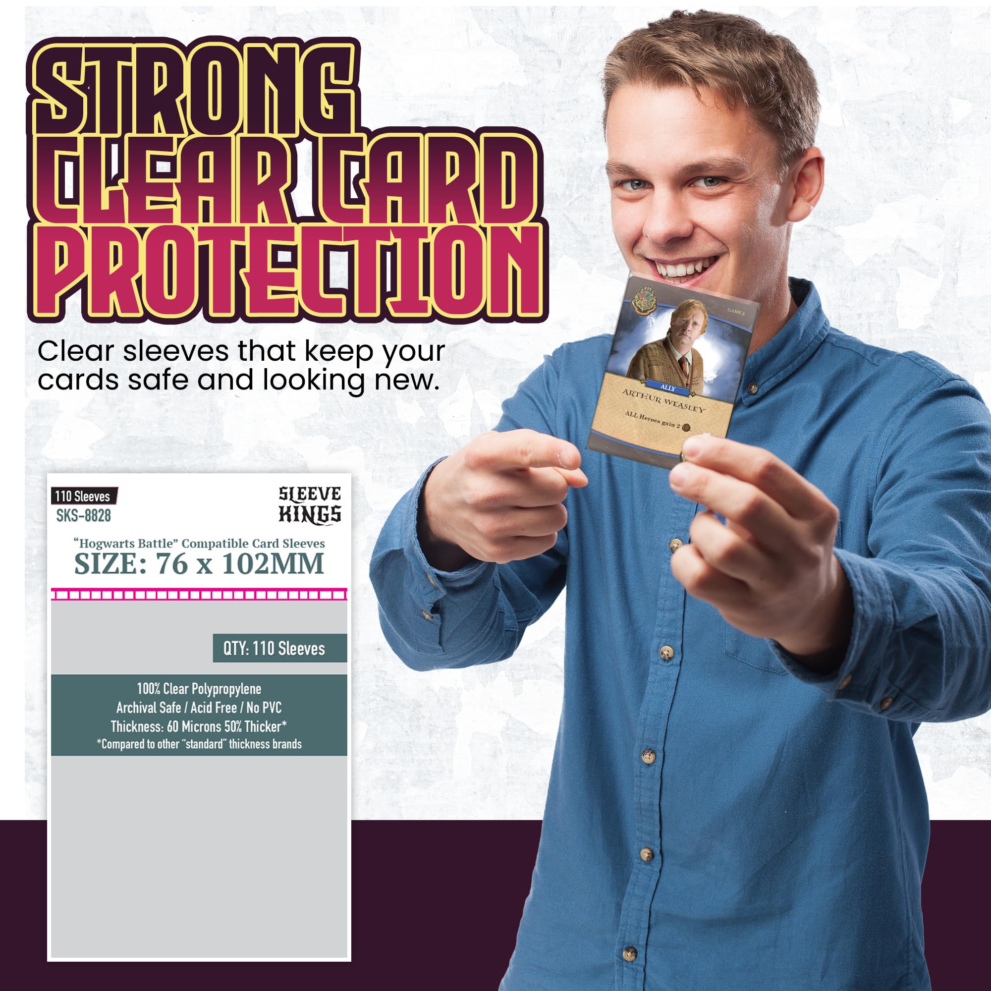 Amazon.com: Sleeve Kings Standard Card Sleeves – 110 Count, Clear 60 Micron  Thickness, Large Size (76 x 102 mm), Compatible with Hogwarts Battle & More  – SKU: SKS-8828 : Toys & Games