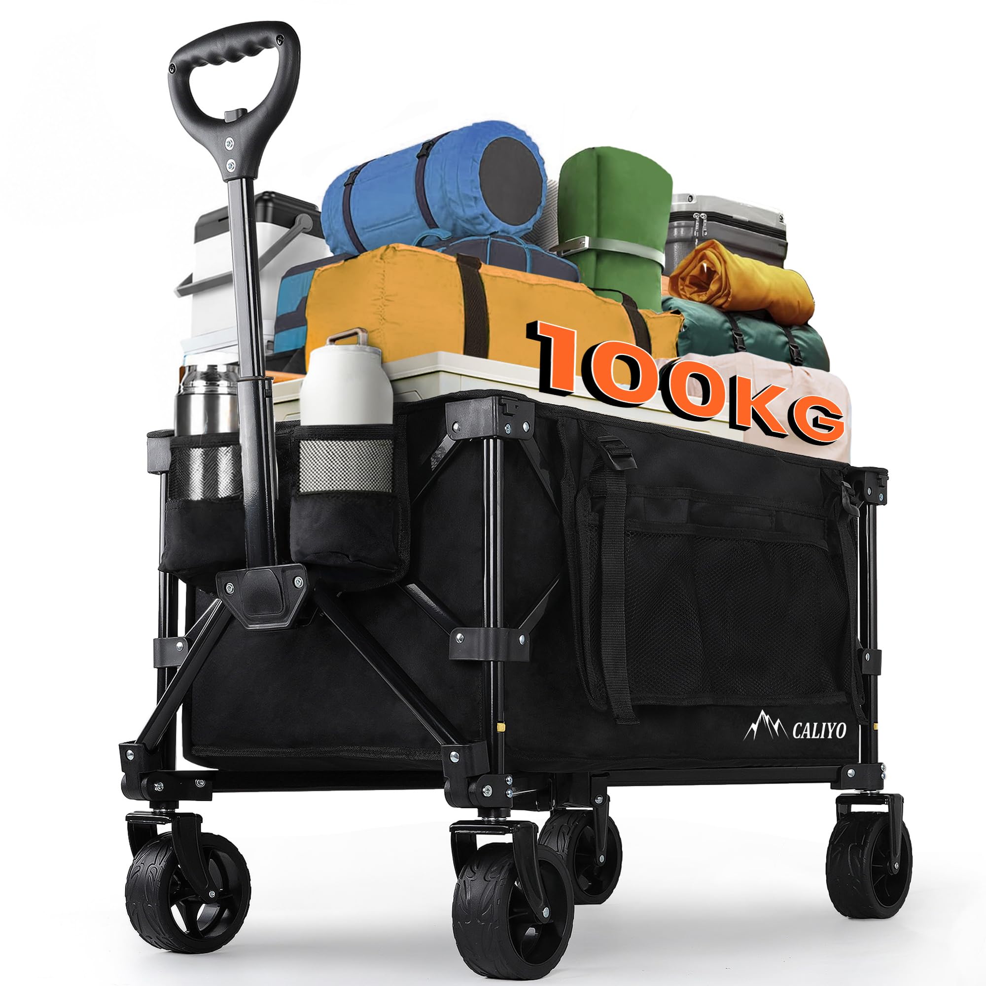 CALIYO Bollerwagen Faltbar 100L 100KG belastbar, Faltbarer Bollerwagen mit verstellbarem Griff, Handwagen Luftreifen für alle Gelände Camping Einkaufen Faltbollerwagen Schwarz