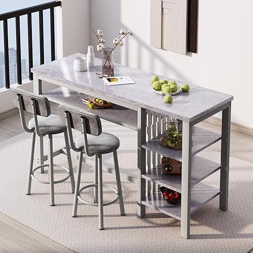Miniatura 2 de Lamerge Mesa de altura de barra de cocina y sillas para 2, mesa de comedor compacta de 5 niveles, parte superior gris y 2 asientos tapizados de piel