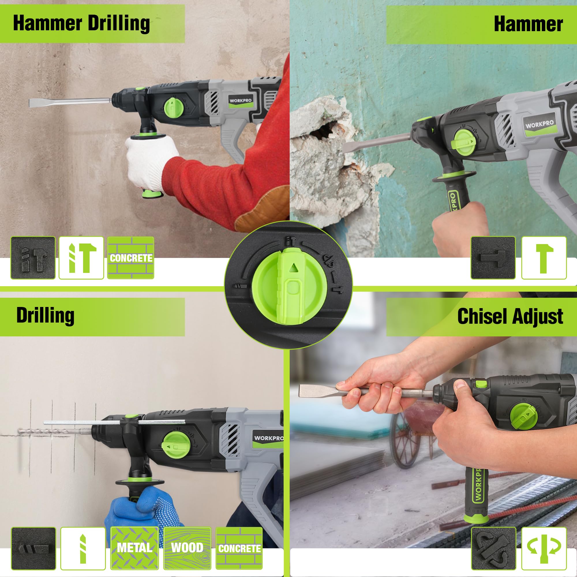 WORKPRO Martillo Perforador 1050W SDS Plus, Taladro Percutor Eléctrico con 4 Funciones, Velocidad Variable y Mango Giratorio 360°, Incluye Brocas para Hormigón, Madera y Metal