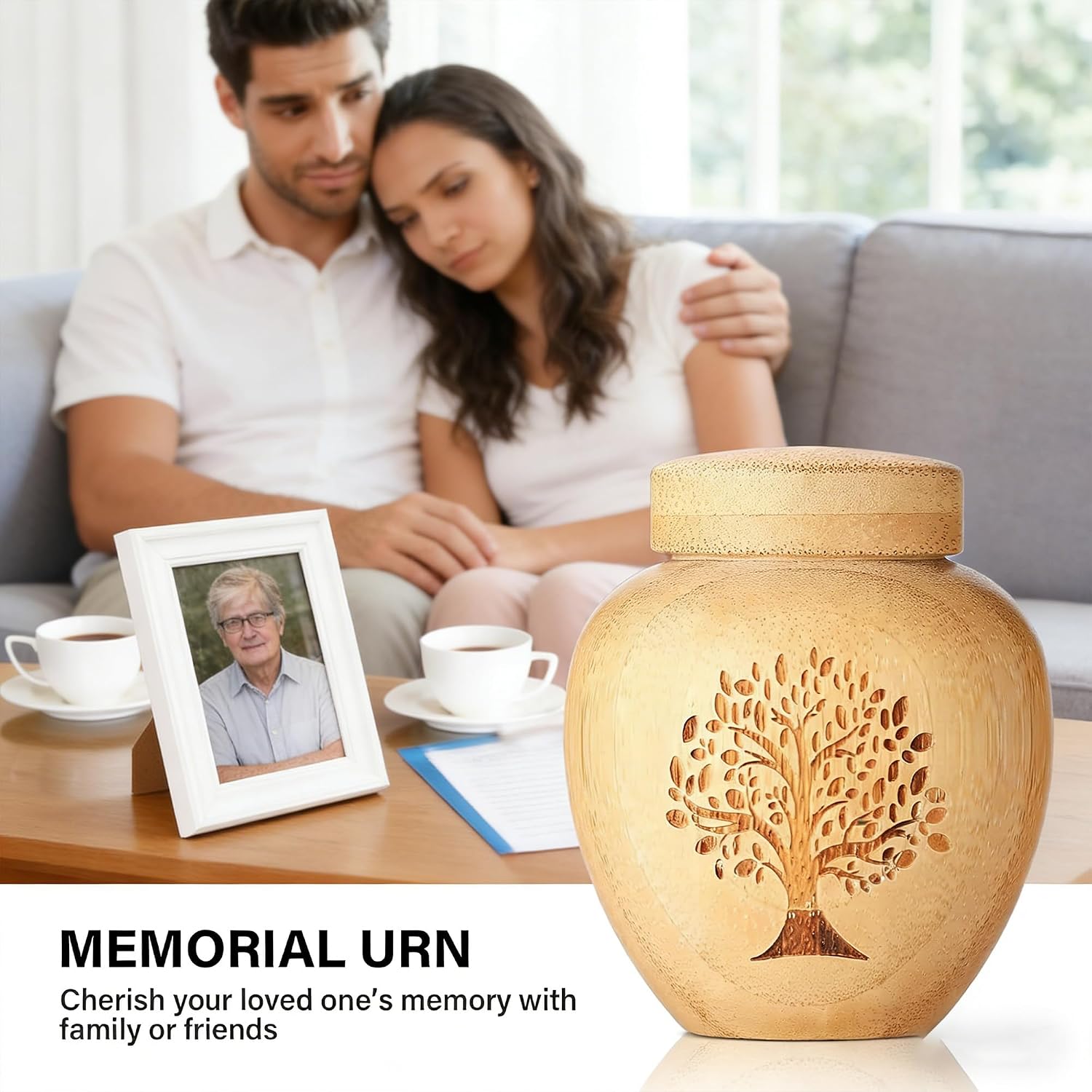 Small Urns for Keepsake Sharing Made of Bamboo, Mini Urn with Tree of Life Pattern Engraved Biodegradable Urn for Human Pet (1PC)