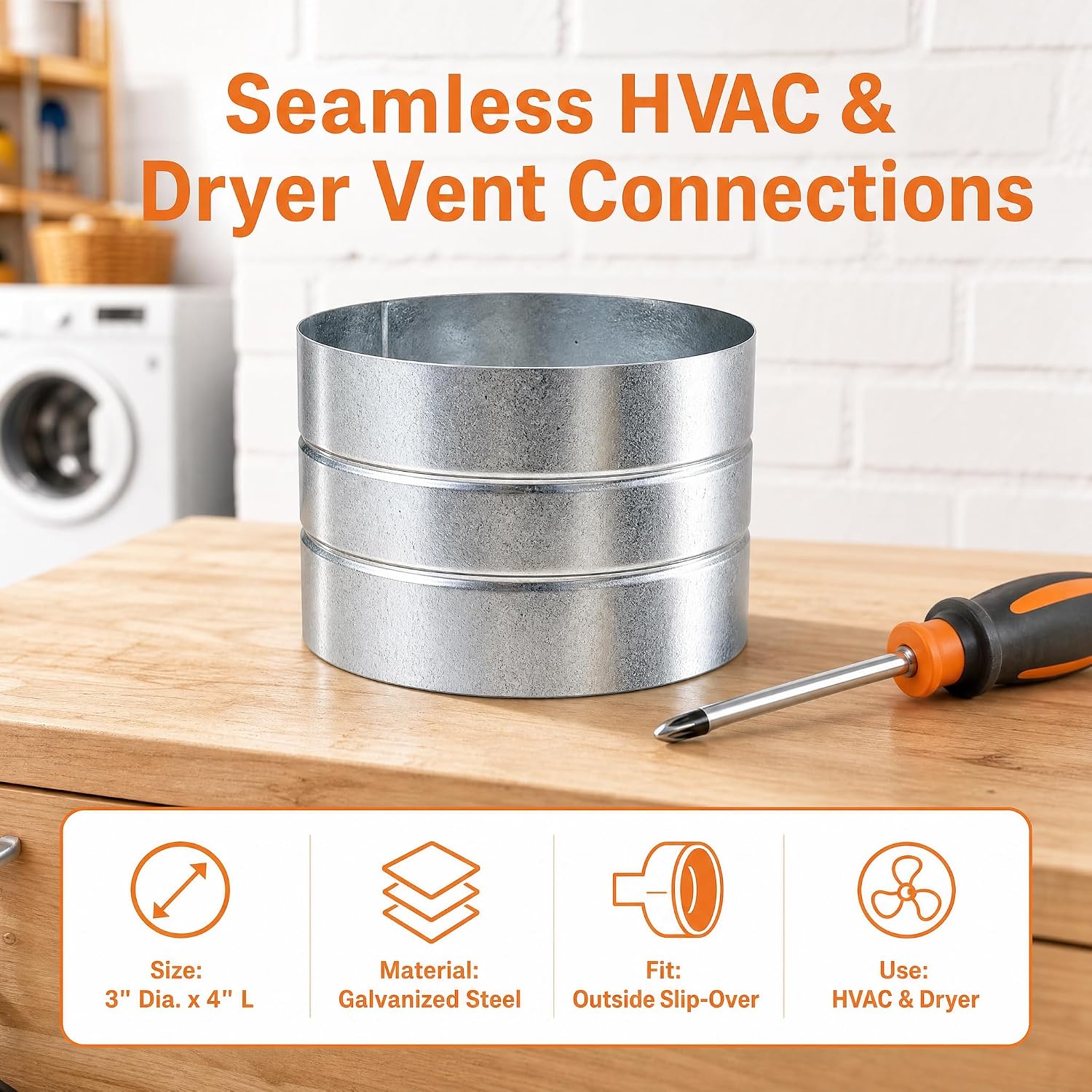 3" x 4" Long Outside-Fit Slip-Over Round Duct Coupling Sleeve, Galvanized Steel, for HVAC & Dryer Vent 2 Pack