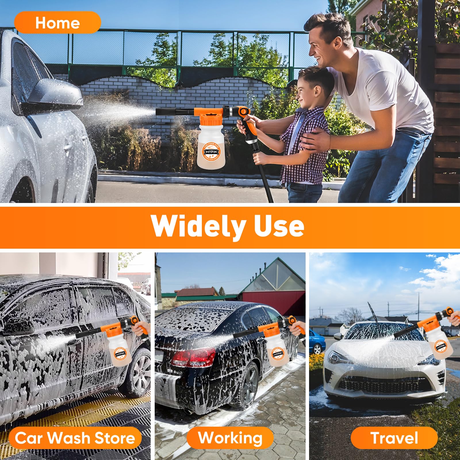 Lanza de Espuma de Nieve,1000 ml Pistola de Espuma Coche Cañón Espuma Nieve con 2,5 a 6 Barras Espuma Blaster, boquillas,manopla de lavado,toalla para limpieza de automóviles y casas,jardines(naranja)