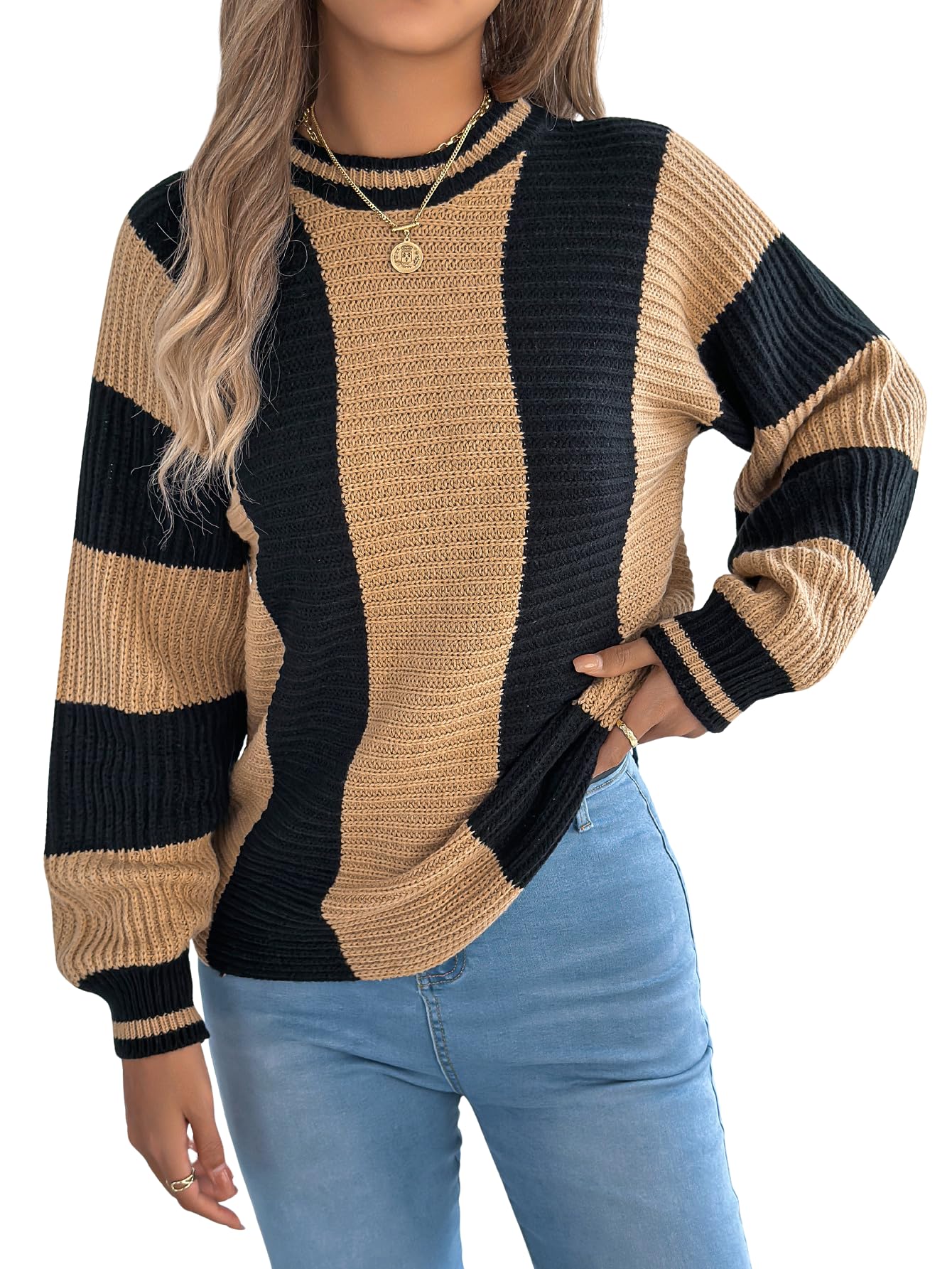 ebossy Womens Fall Winter Fashion Striped Sweater Crewneck Long Lantern Sleeve Contrast Color Cable Knit Pullovers