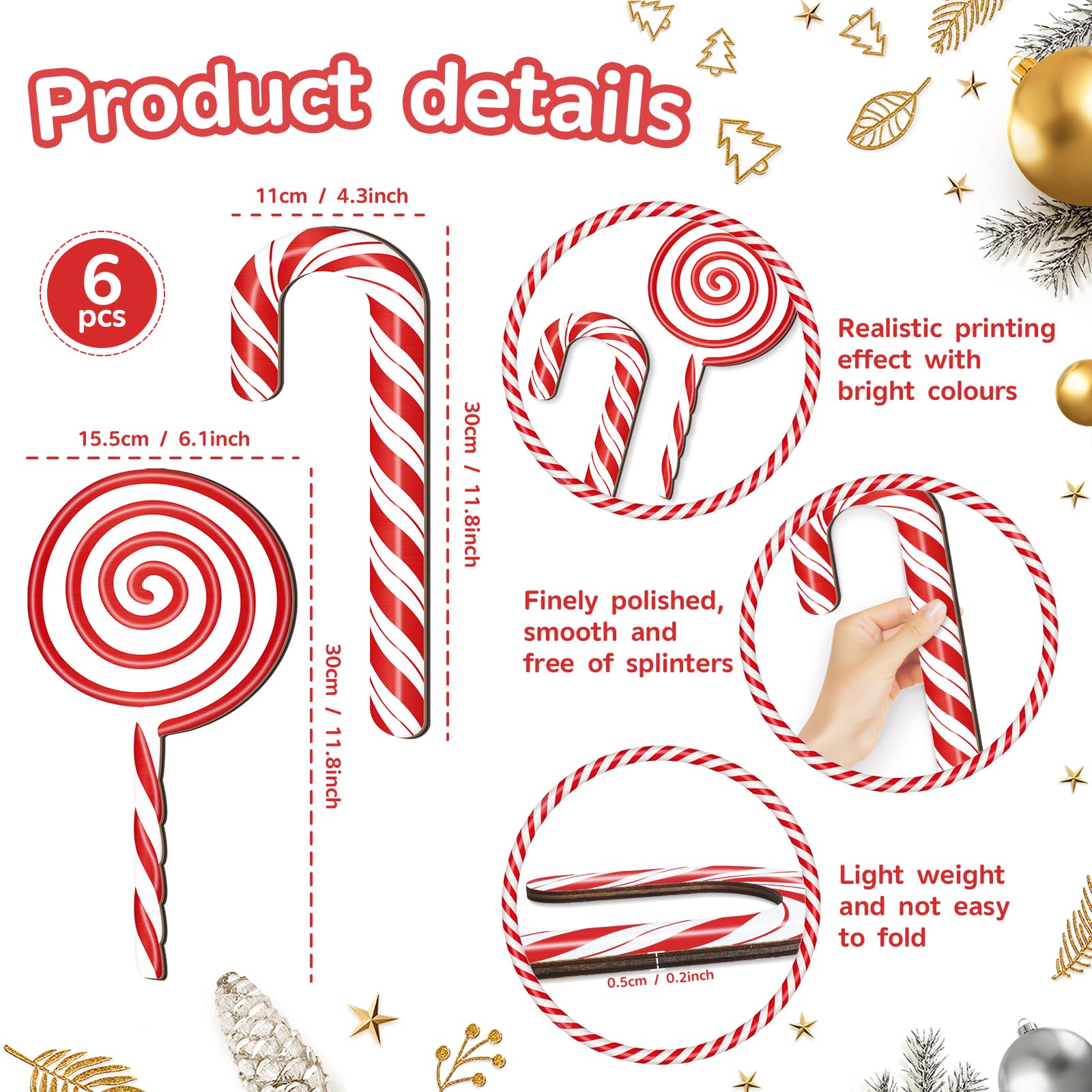 Snapklik.com : 6 Large Wooden Candy Cane Christmas Decorations
