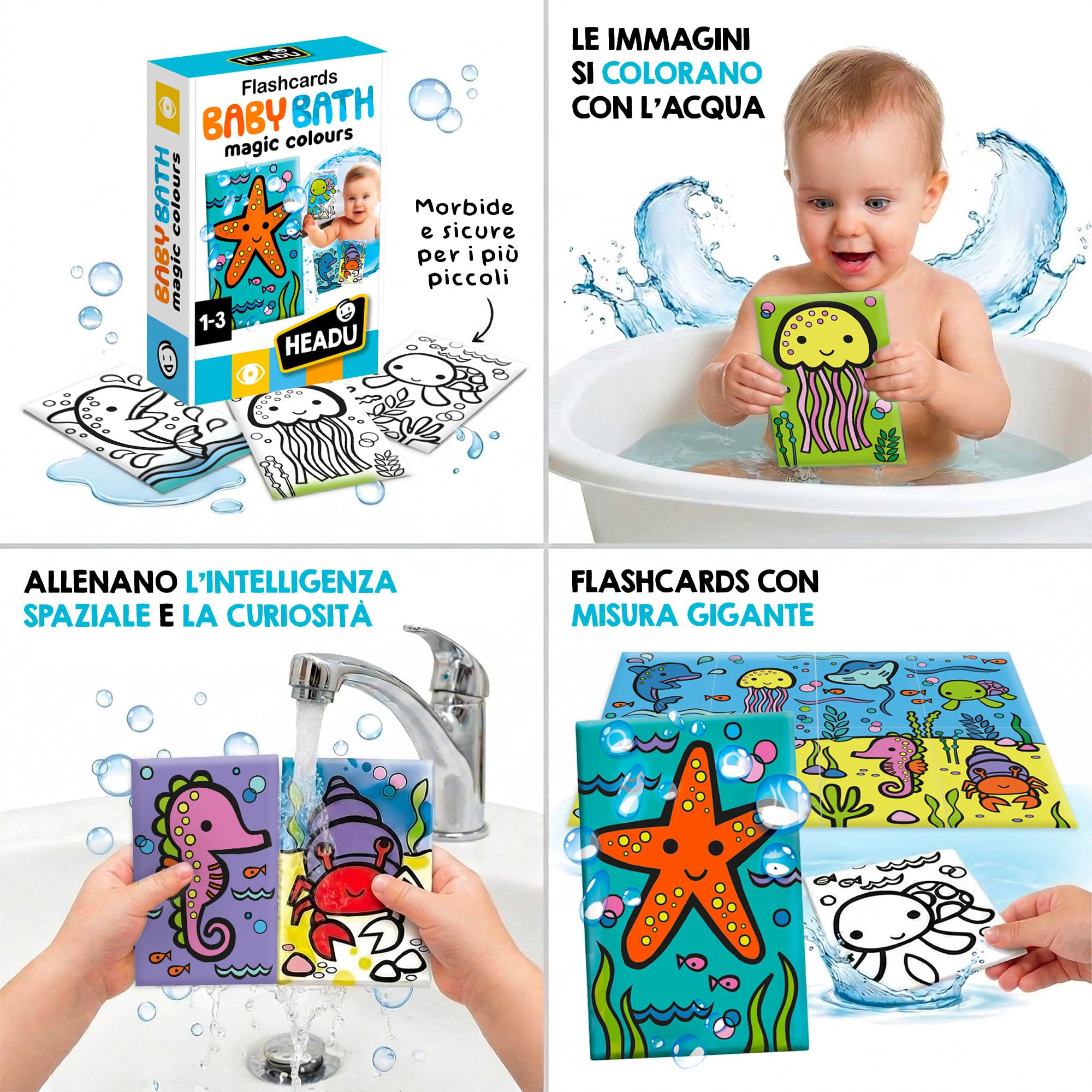 HEADU - Flashcards Baby Bath - Scopri La Magia Dei Colori Con L’Acqua | Carte Magiche per Bagnetto, Giochi Educativi Per Bambini 1-3 Anni, Cards Animali, Esperienza Sensoriale, Regalo Natale Pasqua