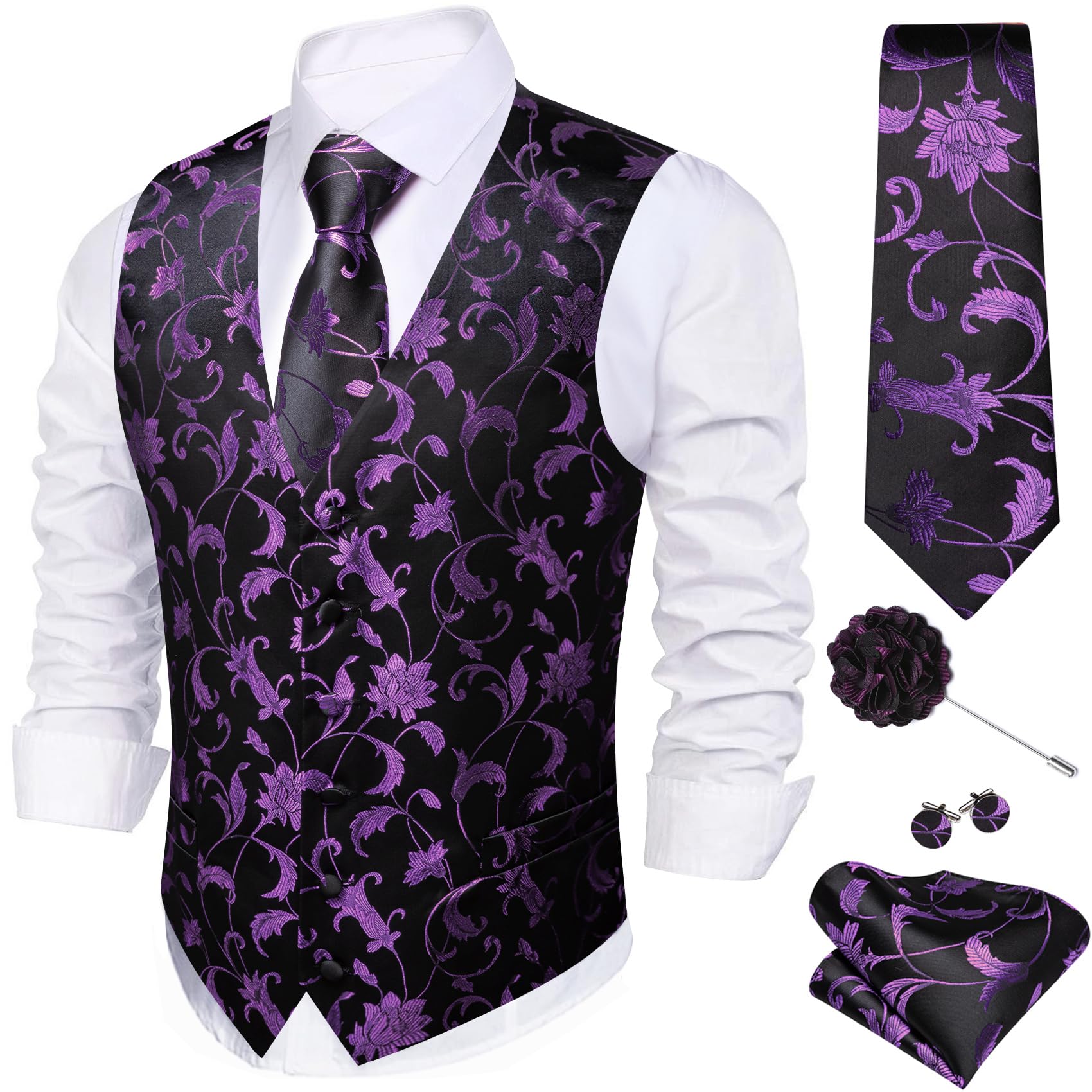 Barry.Wang Men's Suit Vest Formal/Casual Paisley Silk Tie Vests 5PCS