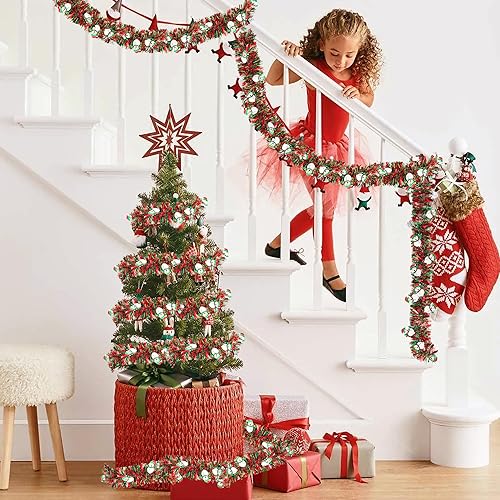 Miniatura 5 de Guirnalda de Navidad de oropel rojo y verde de 50 pies con adornos de muñeco de nieve, guirnalda de Navidad brillante para decoración de árbol,