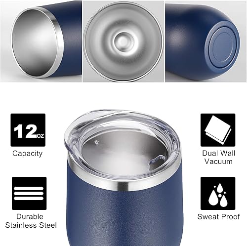Miniatura 9 de Vaso de vino VEGOND de 12 oz hecho de acero inoxidable, térmico con tapa y pajita, vaso de vino con aislamiento al vacío y doble pared, sin tallo,