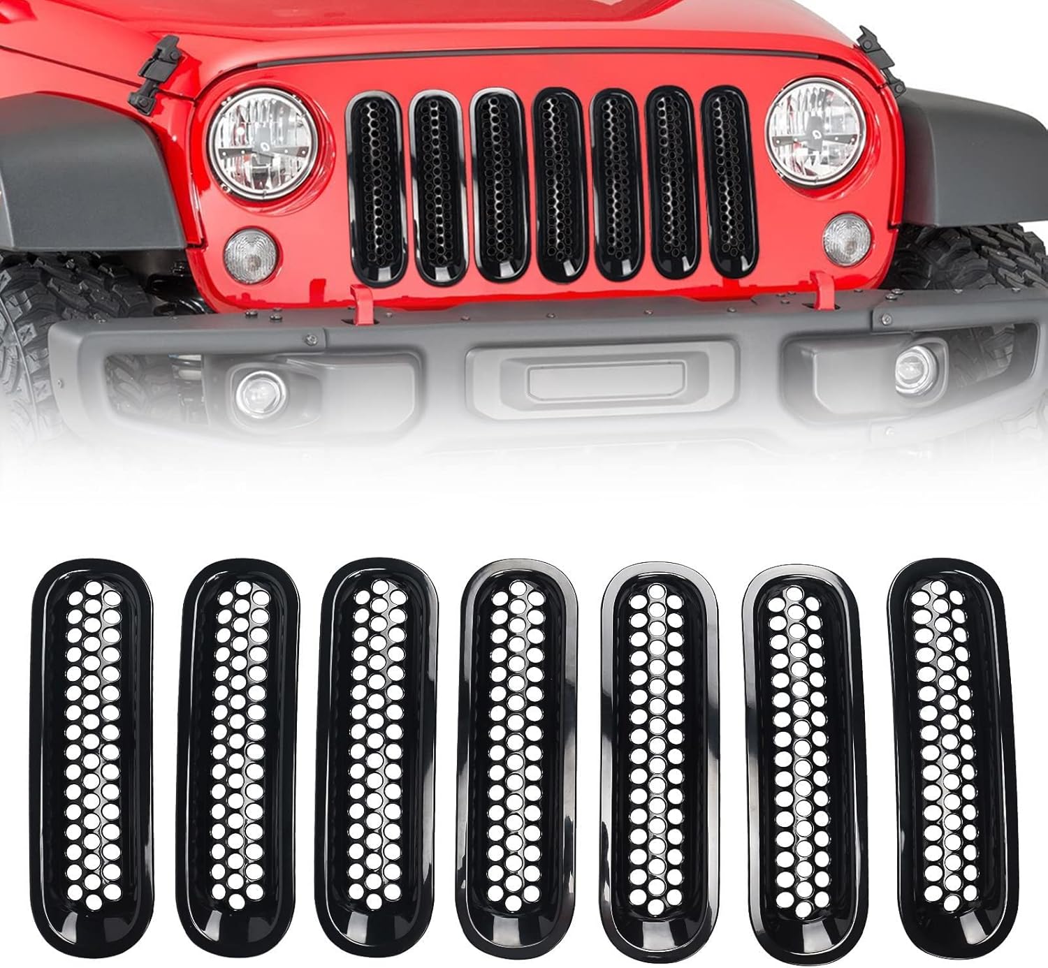 Front Grill Glossy Black Grille Grid For Jeep Wrangler JL JLU 2018, 2019, 2020, 2021, 2022 & Gladiator JT (Glossy Black Fury)