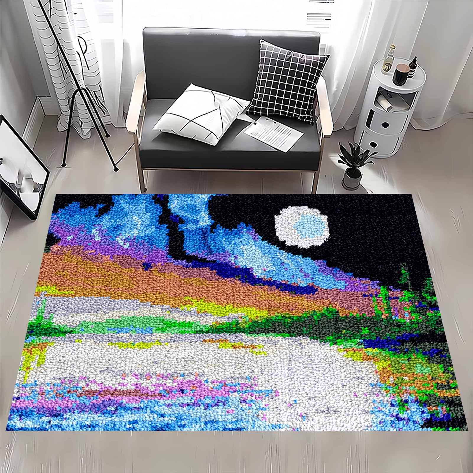 MXOUAJ 90 x 120 cm Latch Hook Rug Kits for Adults, Rug Making Kits for Adults, Printed Canvas Tapestry Kits Embroidery Kits, DIY Crochet Yarn Floor Cushion Crochet Large Hook for Home Decoration