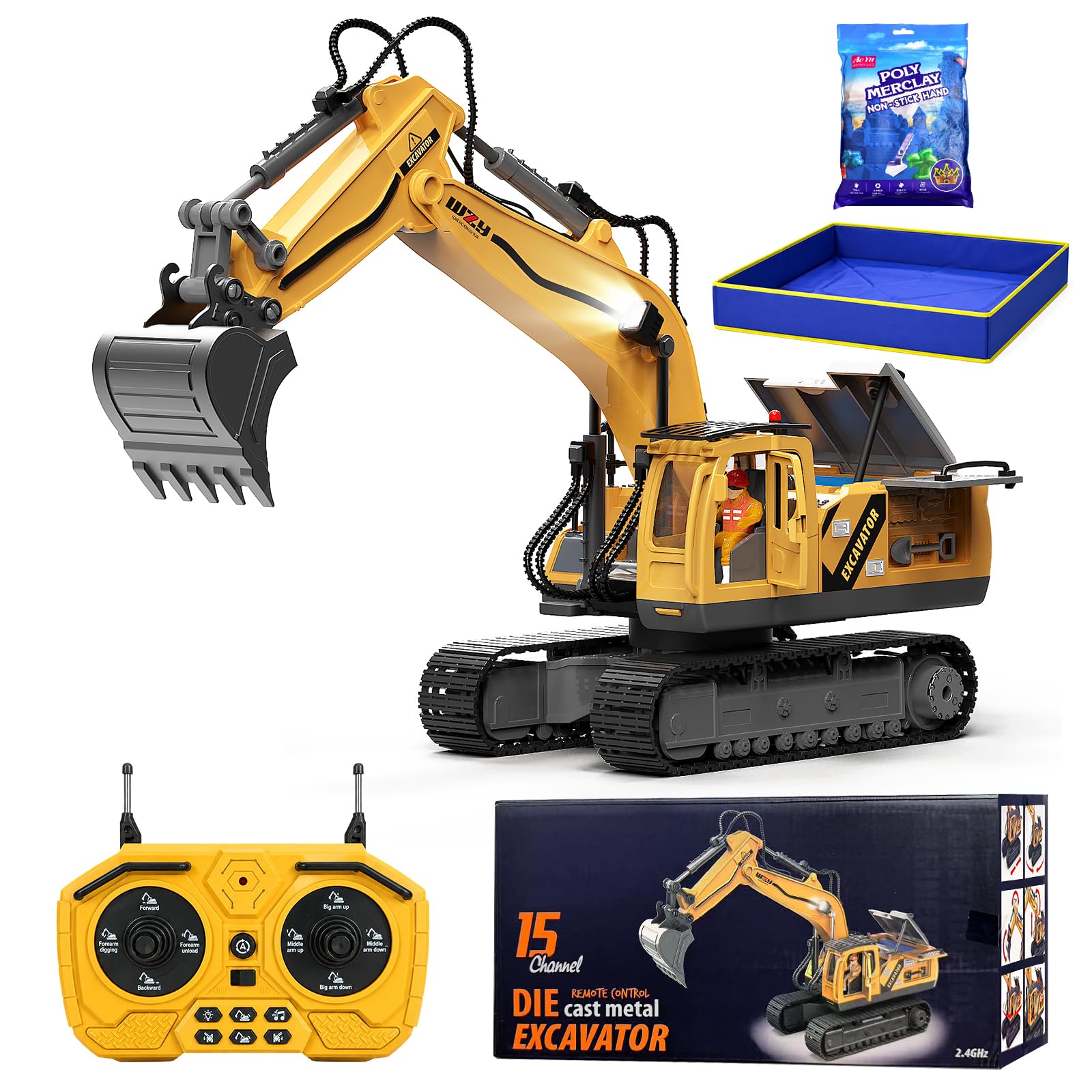 YESHIN RC Bagger, 15-Kanal Ferngesteuerter Metall Bagger mit Sandkasten Kasten & Modelliersand, Realistischer Kettenbagger mit Legierungsschaufel, Bagger Spielzeug Set Geschenk für Kinder ab 3 Jahren