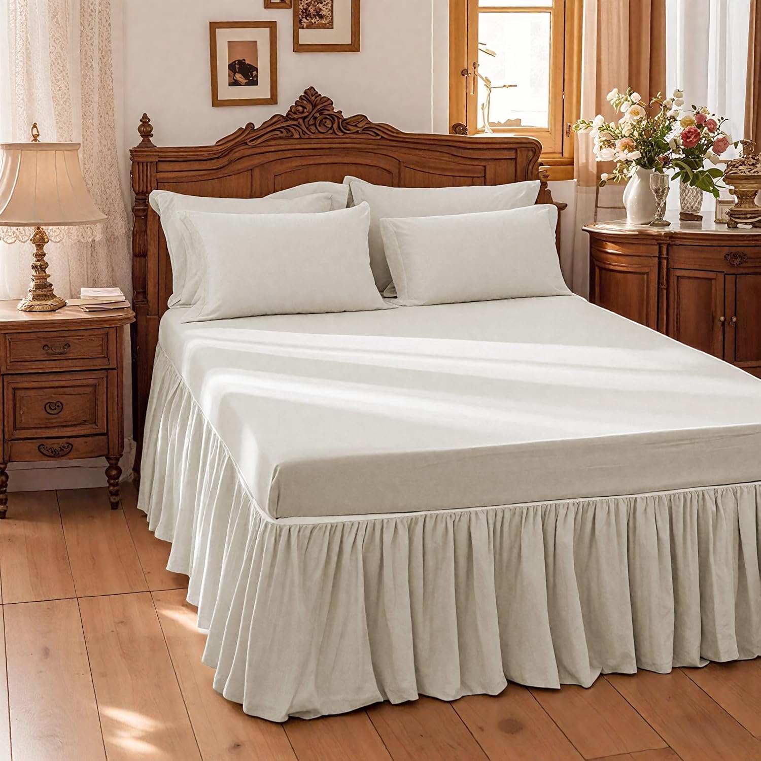 Belgian Linen Bed Skirt with 14 Inch Drop, Easy Fit Breathable Linen-Cotton Blend Dust Ruffle King Size Bed Skirt Premium Natural Flax- Pleated Linen, King