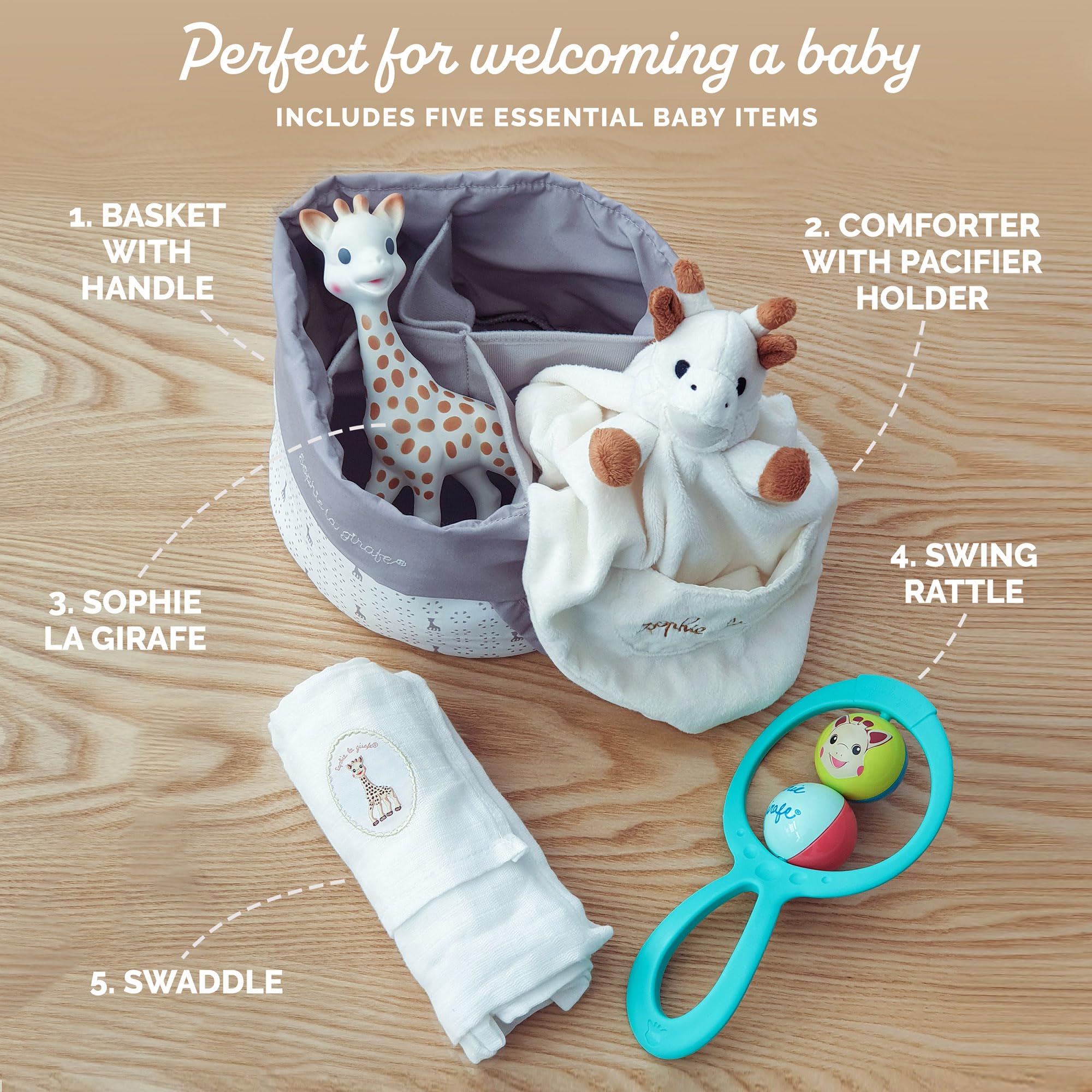 Sophie la Girafe - Corbeille de Naissance - Jouet d'Eveil - Les essentiels de bébé - 1 Doudou, 1 lange, 1 jouet à mâcher et 1 hochet dans un superbe panier