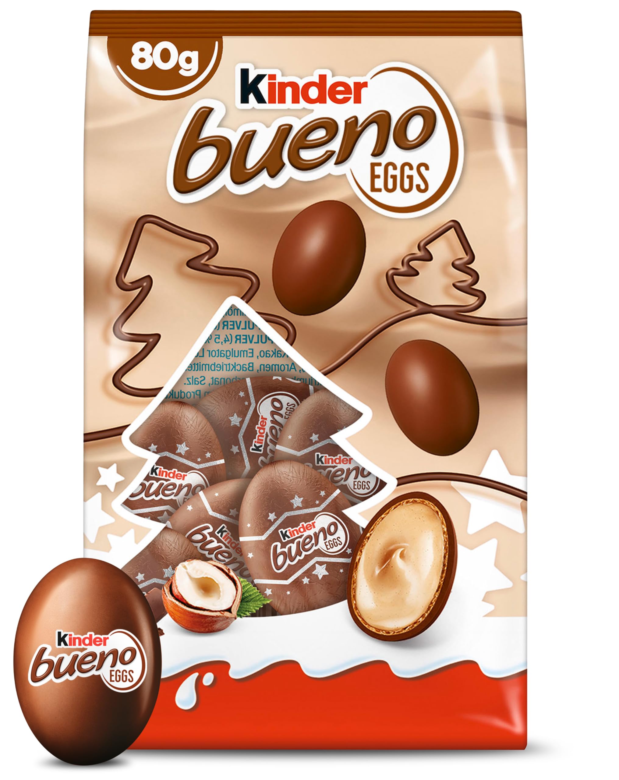 kinder Bueno Eggs – gefüllte Schokoladen-Eier mit Haselnusscreme – Vollmilchschokolade zu Weihnachten & Advent – kleine Süßigkeiten für Nikolaus, Adventskalender, Weihnachtsgeschenke – 80g